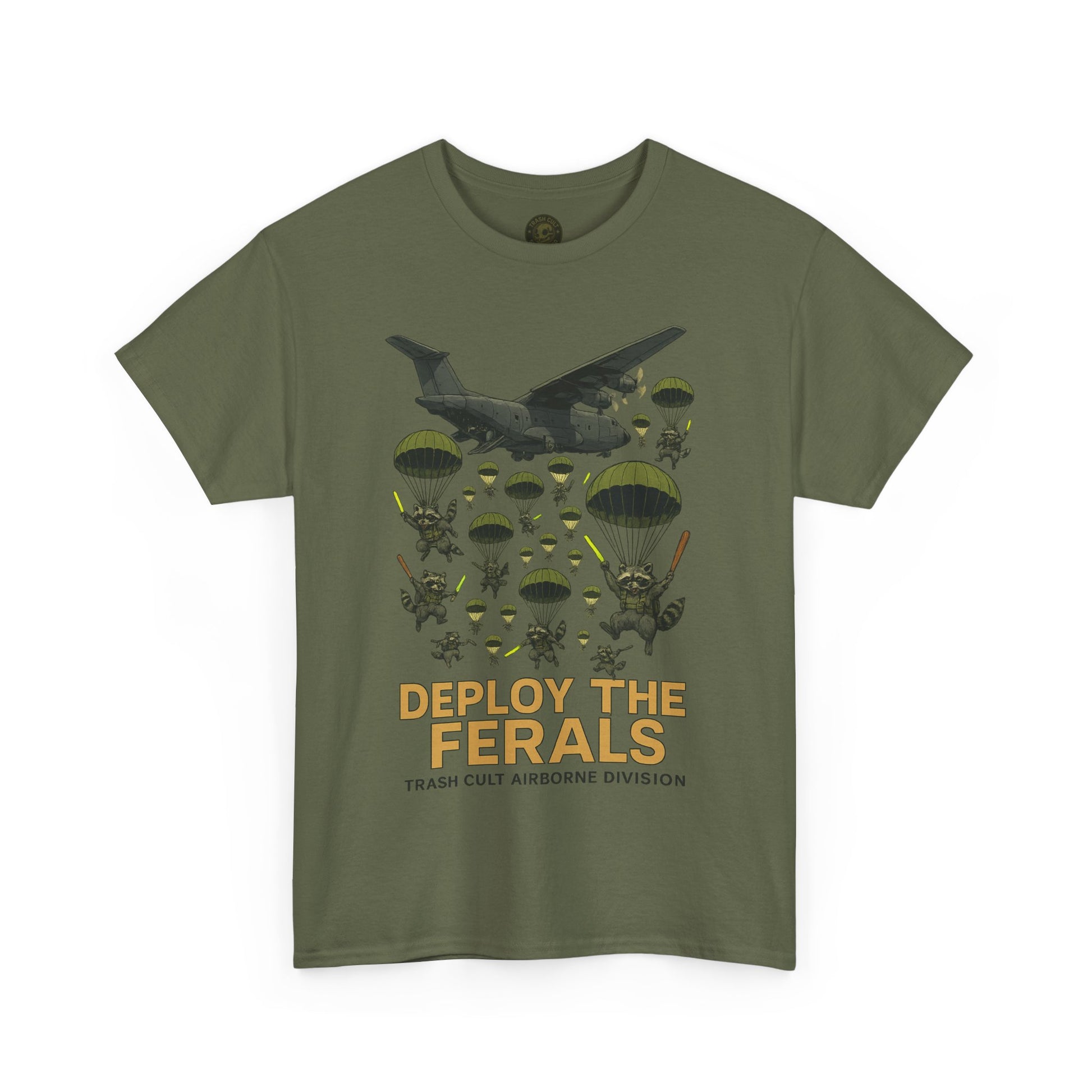 Deploy the Ferals T-Shirt – Airborne Raccoon Drop Graphic | Trash Cult Supply Co. | Gildan 5000 Heavy Cotton Tee