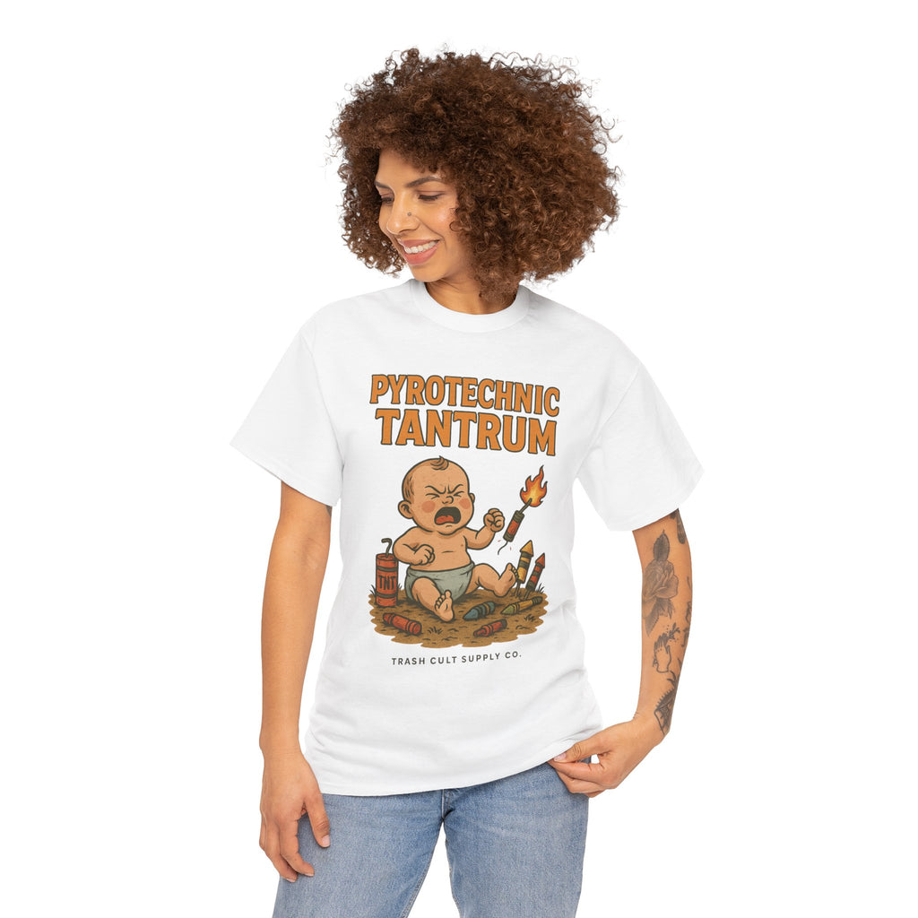 Pyrotechnic Tantrum T-Shirt – Explosive Baby Humor Graphic | Trash Cult Supply Co. | Gildan 5000 Tee