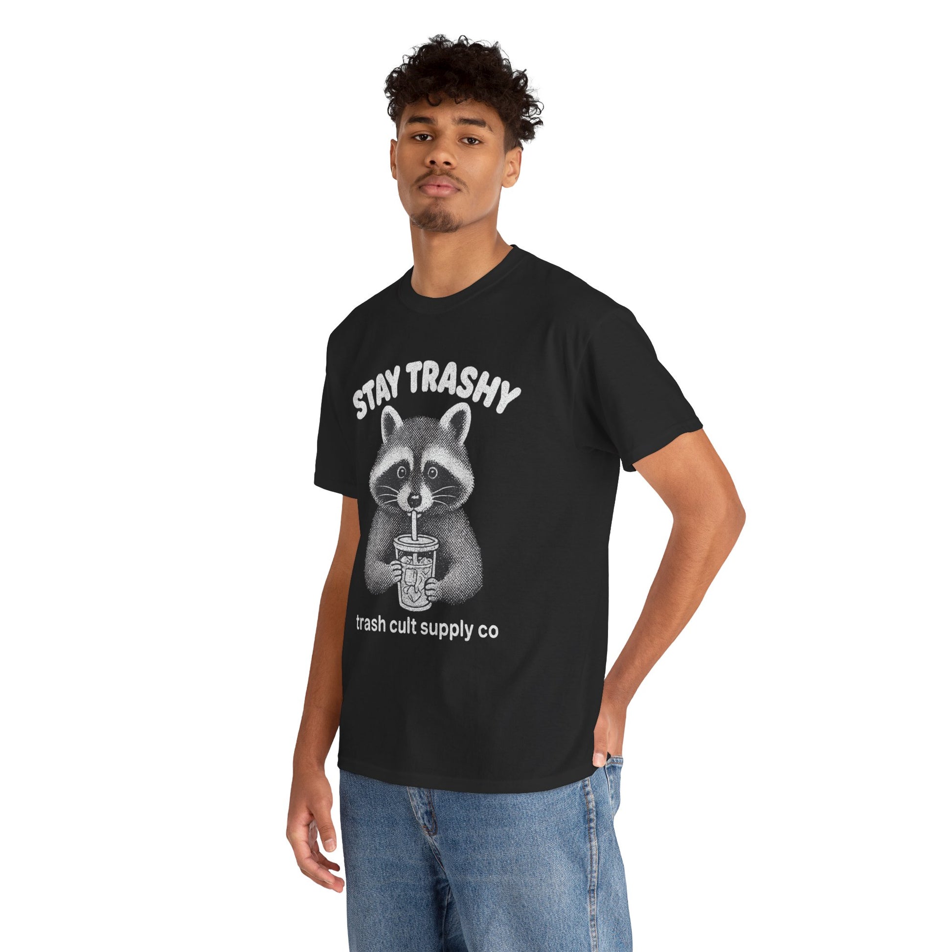 Stay Trashy Raccoon Iced Coffee Shirt – Halftone All White Design | Trash Cult Supply Co.