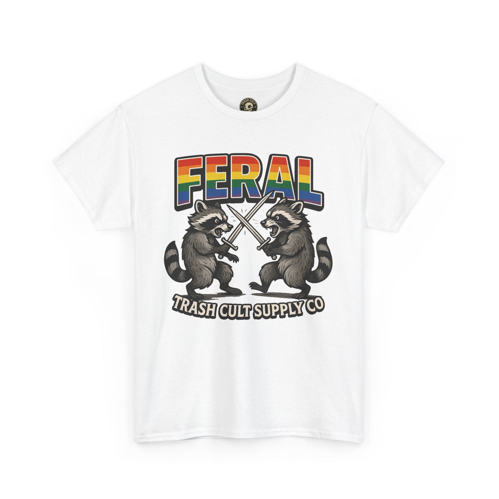 FERAL Rainbow Raccoon Sword Fighting Graphic Tee – Gildan 5000 Heavy Cotton