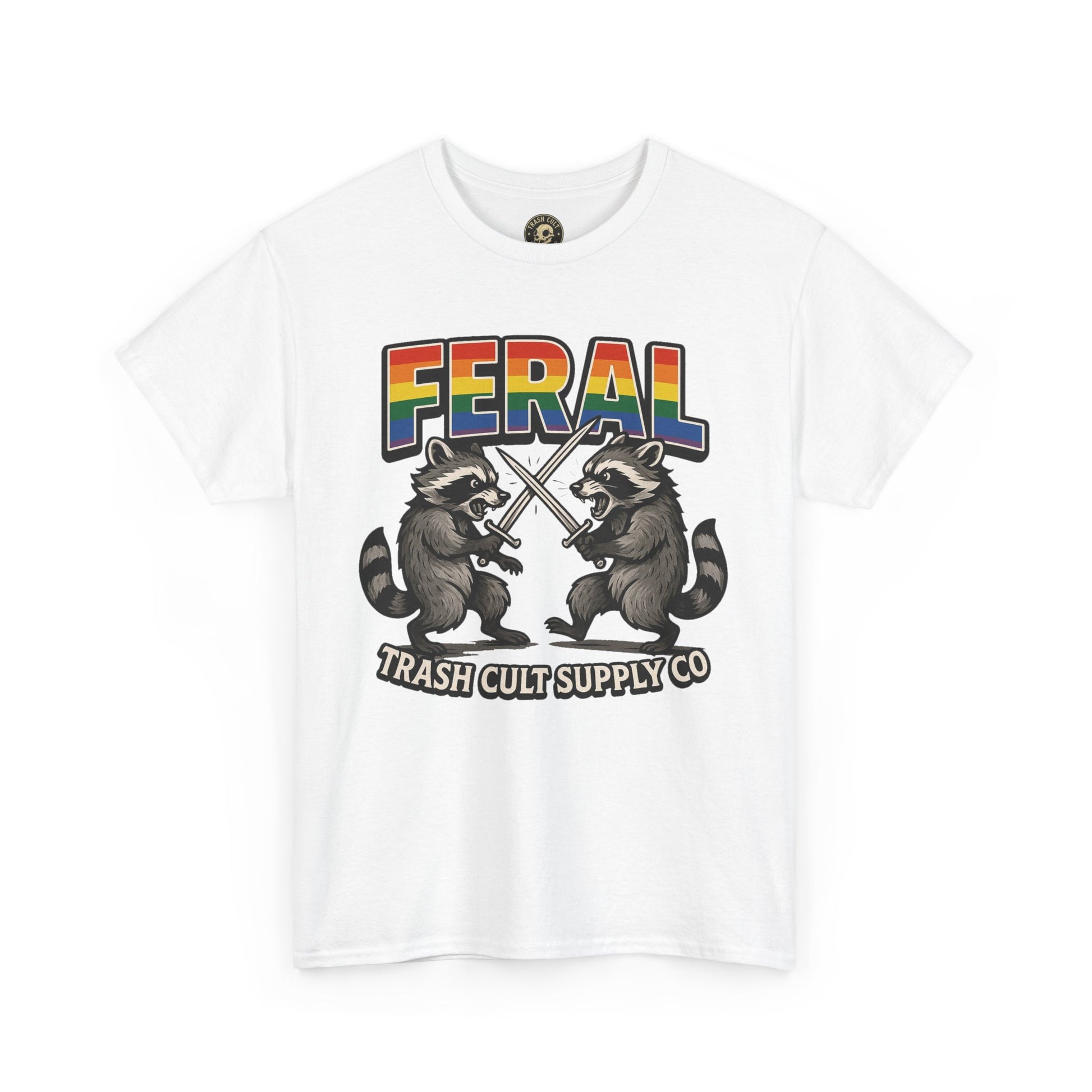 FERAL Rainbow Raccoon Sword Fighting Graphic Tee – Gildan 5000 Heavy Cotton