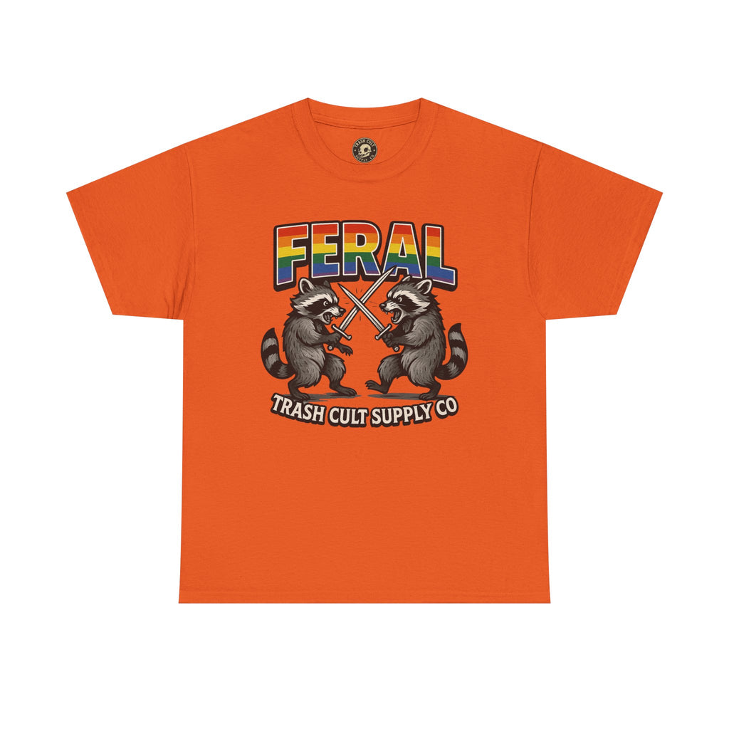 FERAL Rainbow Raccoon Sword Fighting Graphic Tee – Gildan 5000 Heavy Cotton