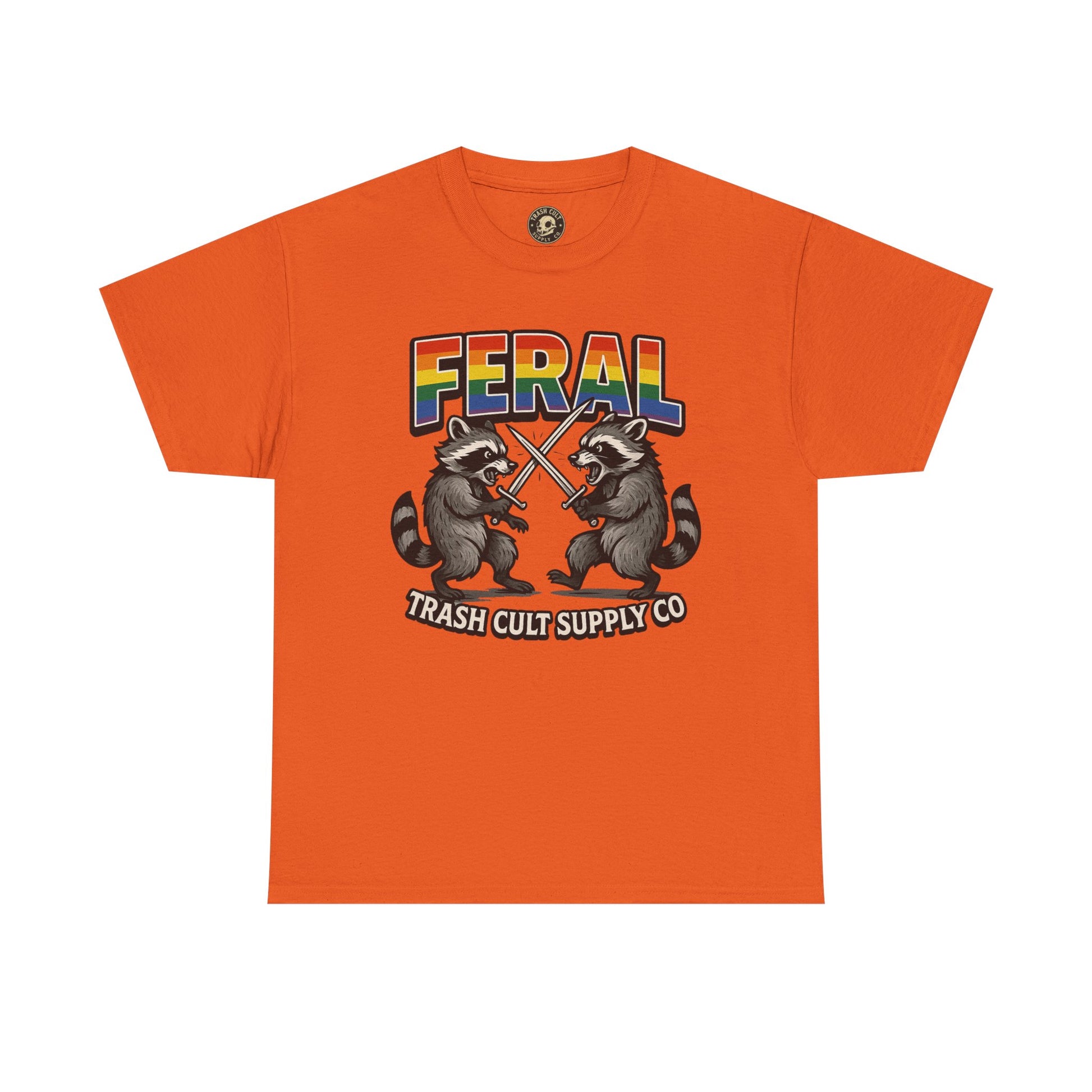 FERAL Rainbow Raccoon Sword Fighting Graphic Tee – Gildan 5000 Heavy Cotton