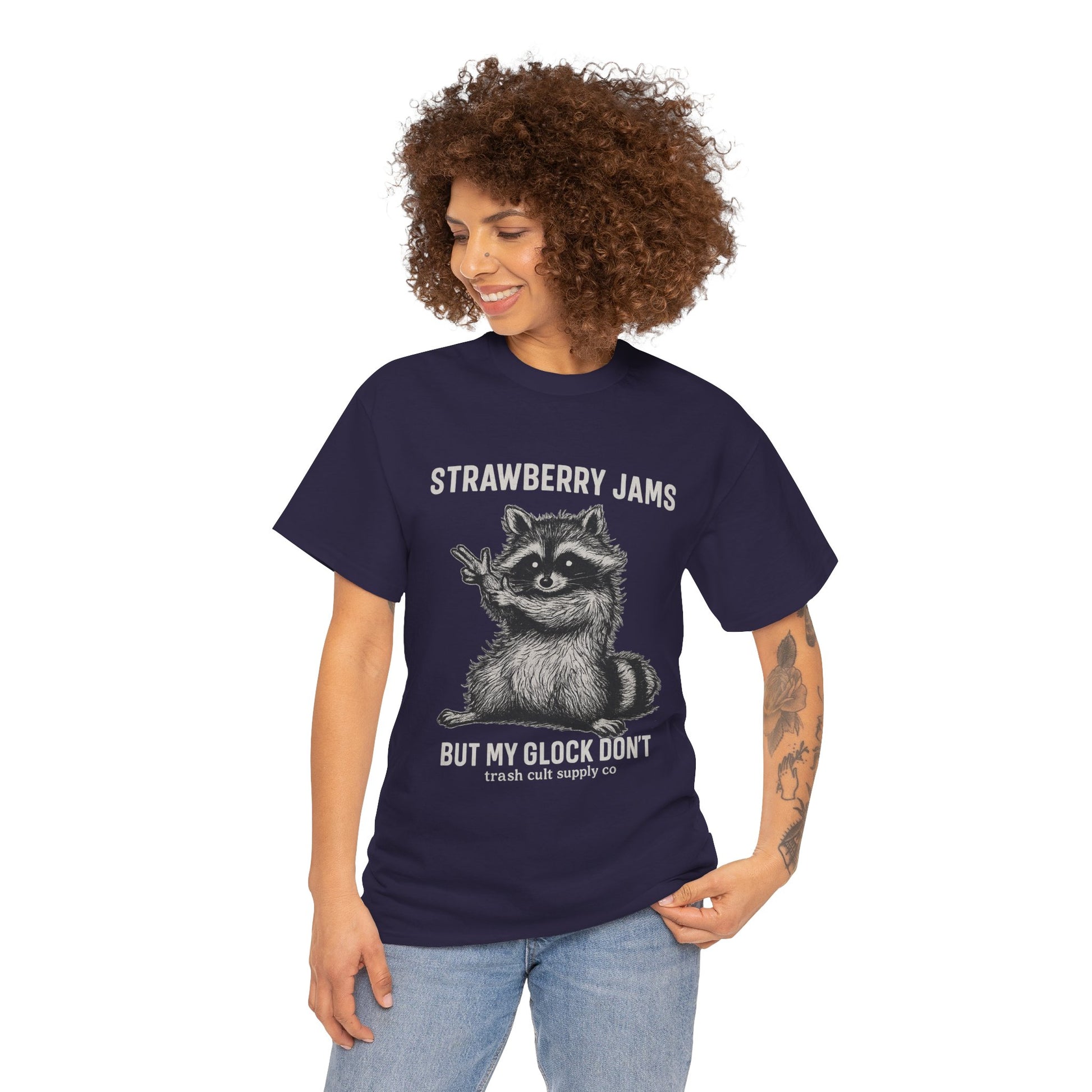 Strawberry Jams But My Glock Don’t Raccoon Shirt – Trash Cult Supply Co. Gildan 5000 Tee