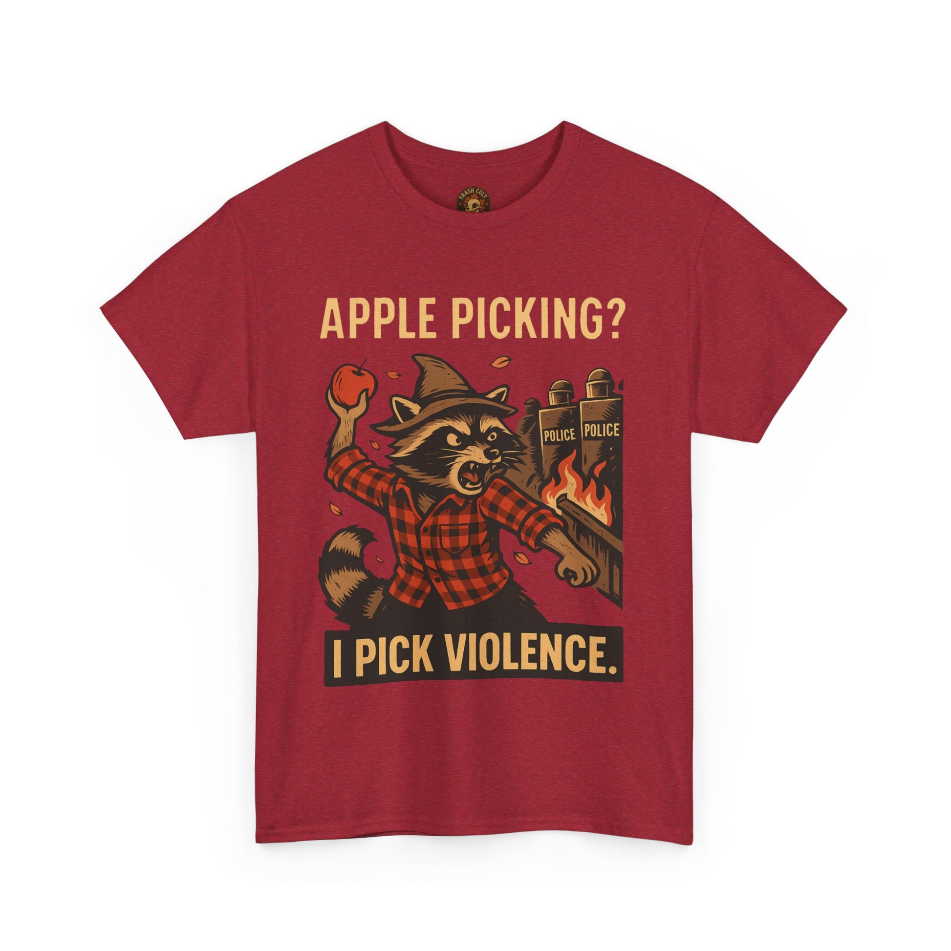 Apple Picking? I Pick Violence Shirt – Angry Raccoon Riot Tee – Fall of Humanity Collection – Trash Cult Supply Co.