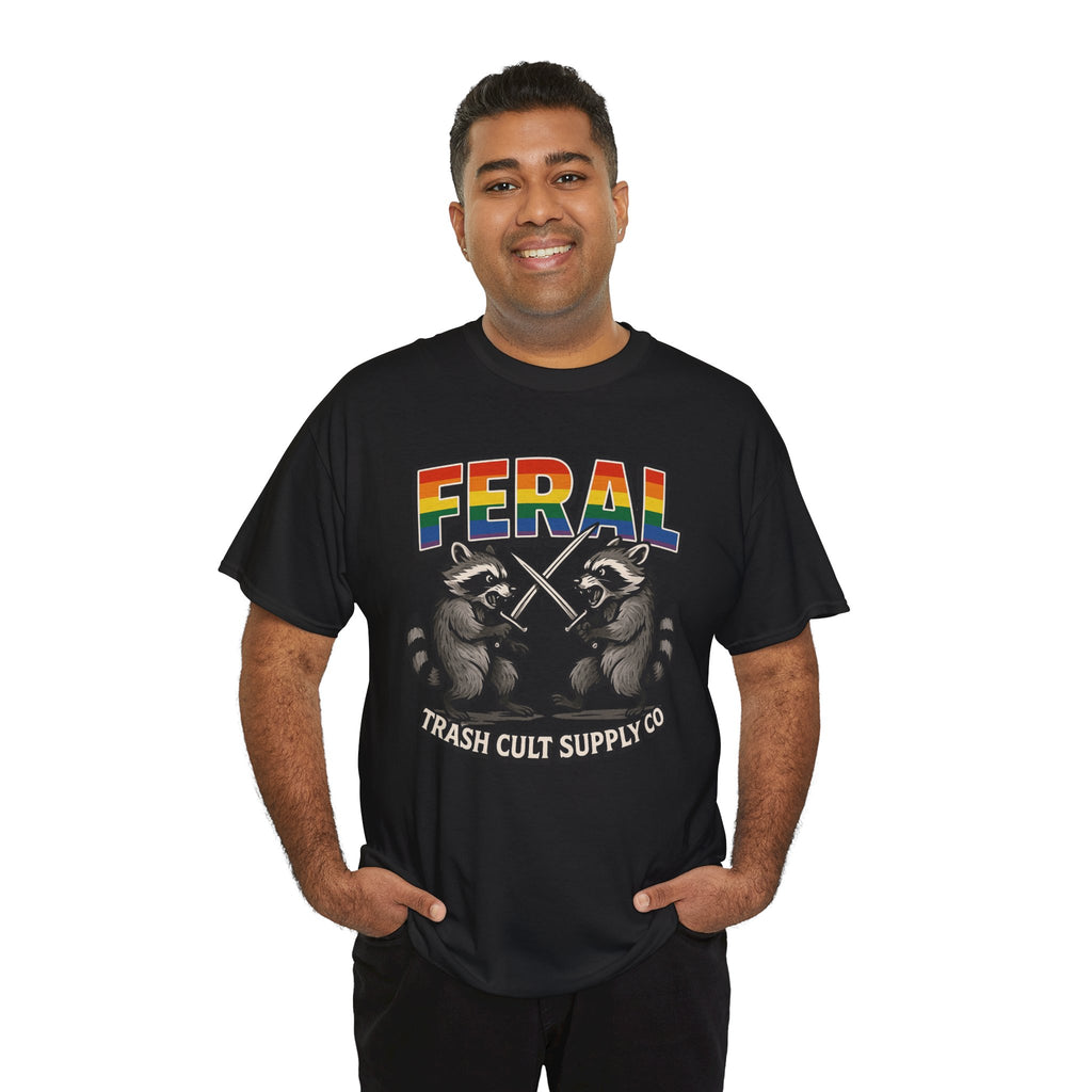 FERAL Rainbow Raccoon Sword Fighting Graphic Tee – Gildan 5000 Heavy Cotton