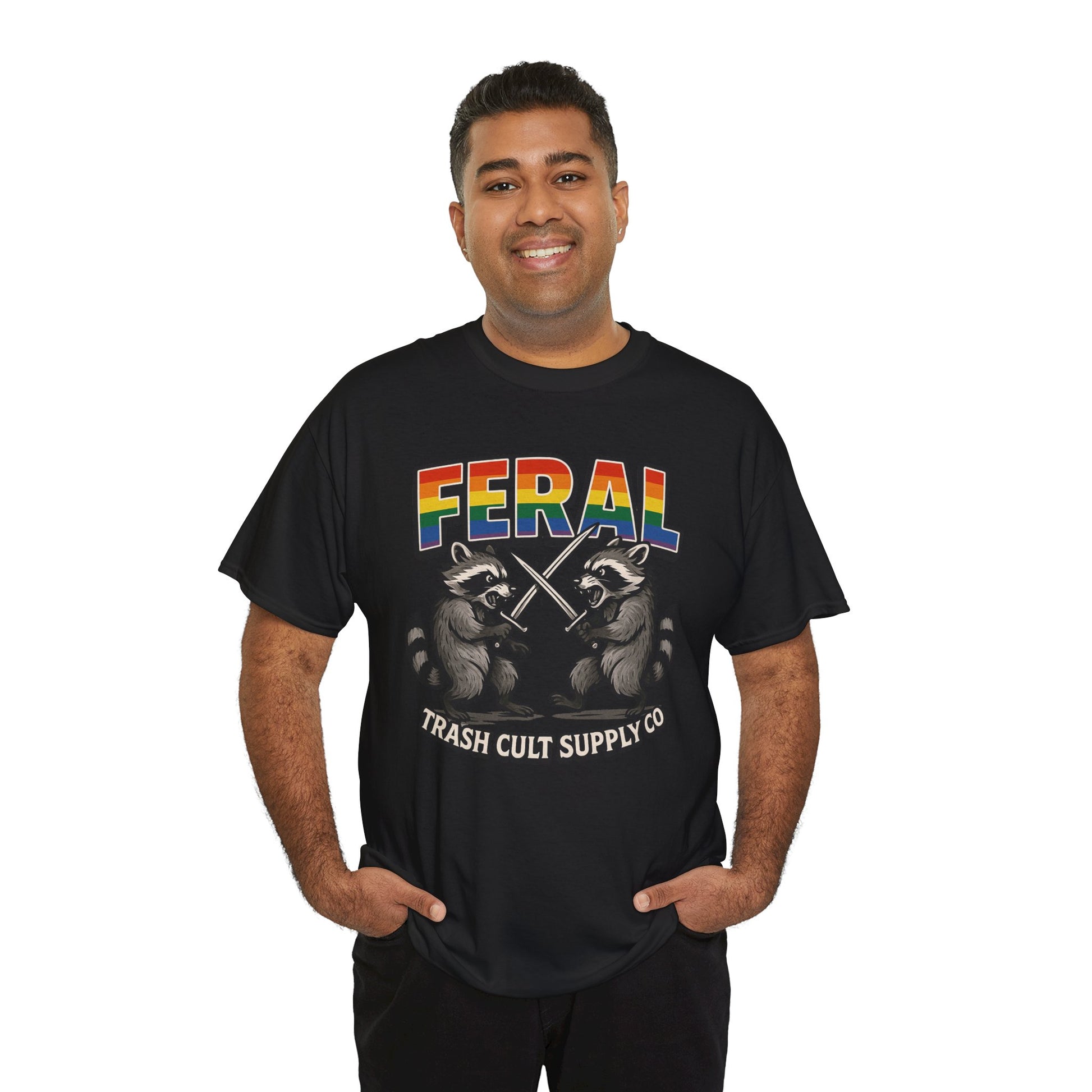 FERAL Rainbow Raccoon Sword Fighting Graphic Tee – Gildan 5000 Heavy Cotton