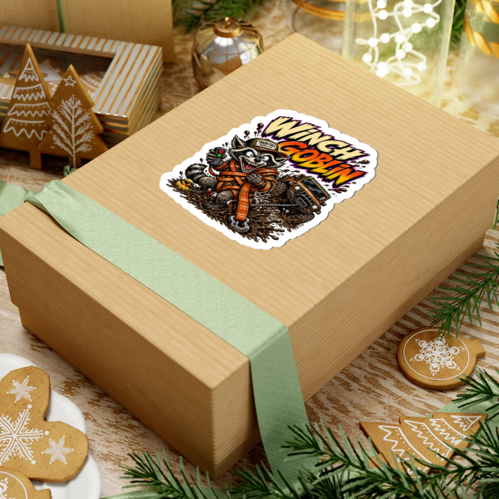 Winch Goblin Sticker — Off‑Road Raccoon Winching Decal