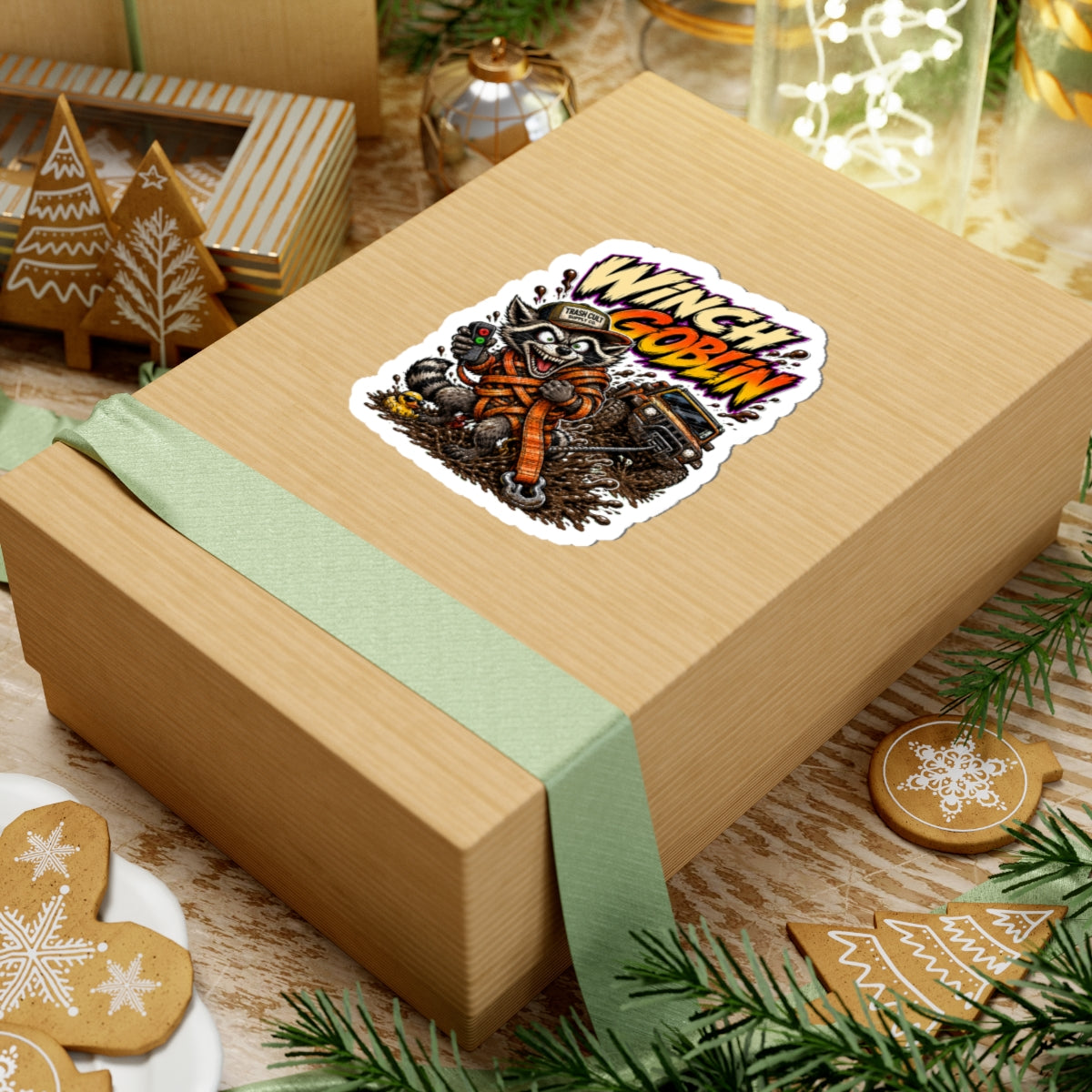 Winch Goblin Sticker — Off‑Road Raccoon Winching Decal