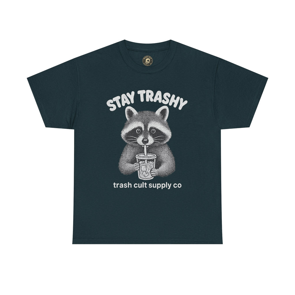 Stay Trashy Raccoon Iced Coffee Shirt – Halftone All White Design | Trash Cult Supply Co.