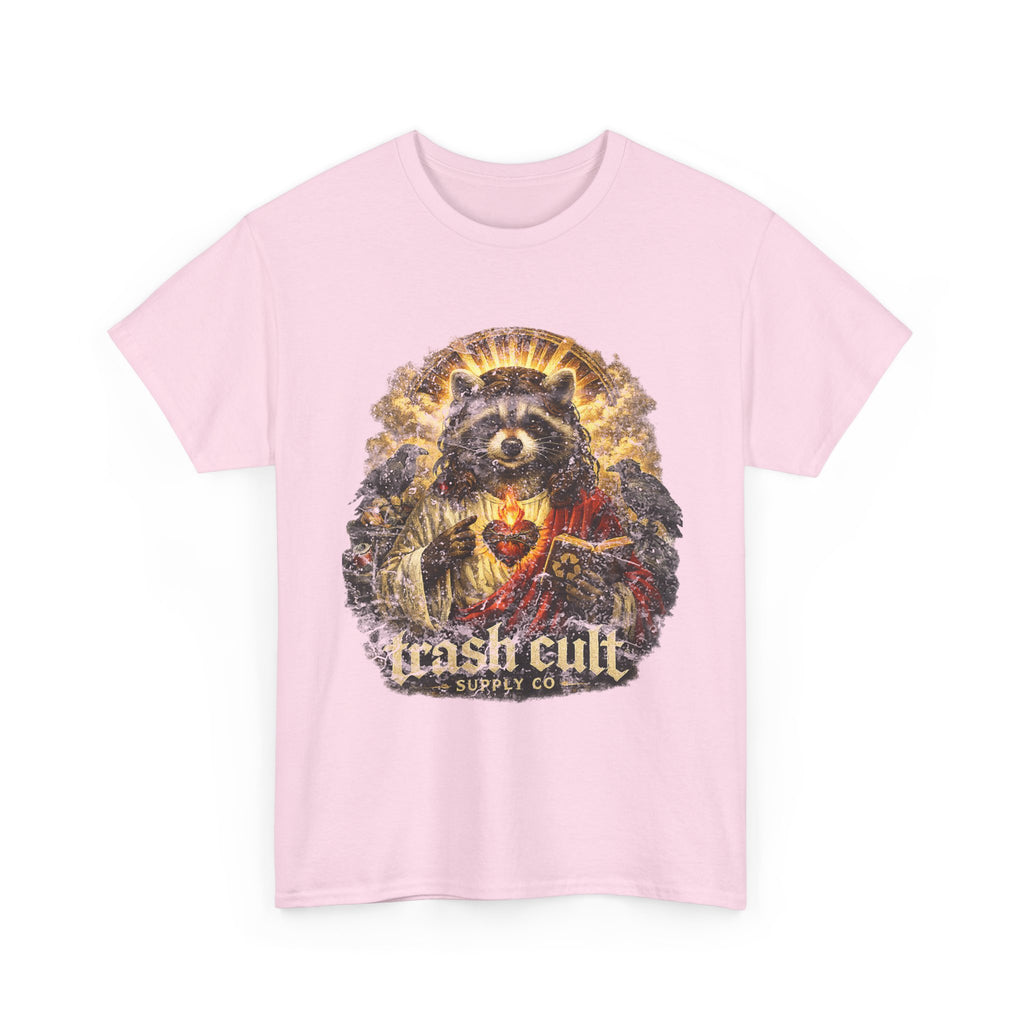 Raccoon Saint Graphic Tee — “Trash Cult” Vintage Devotional Design