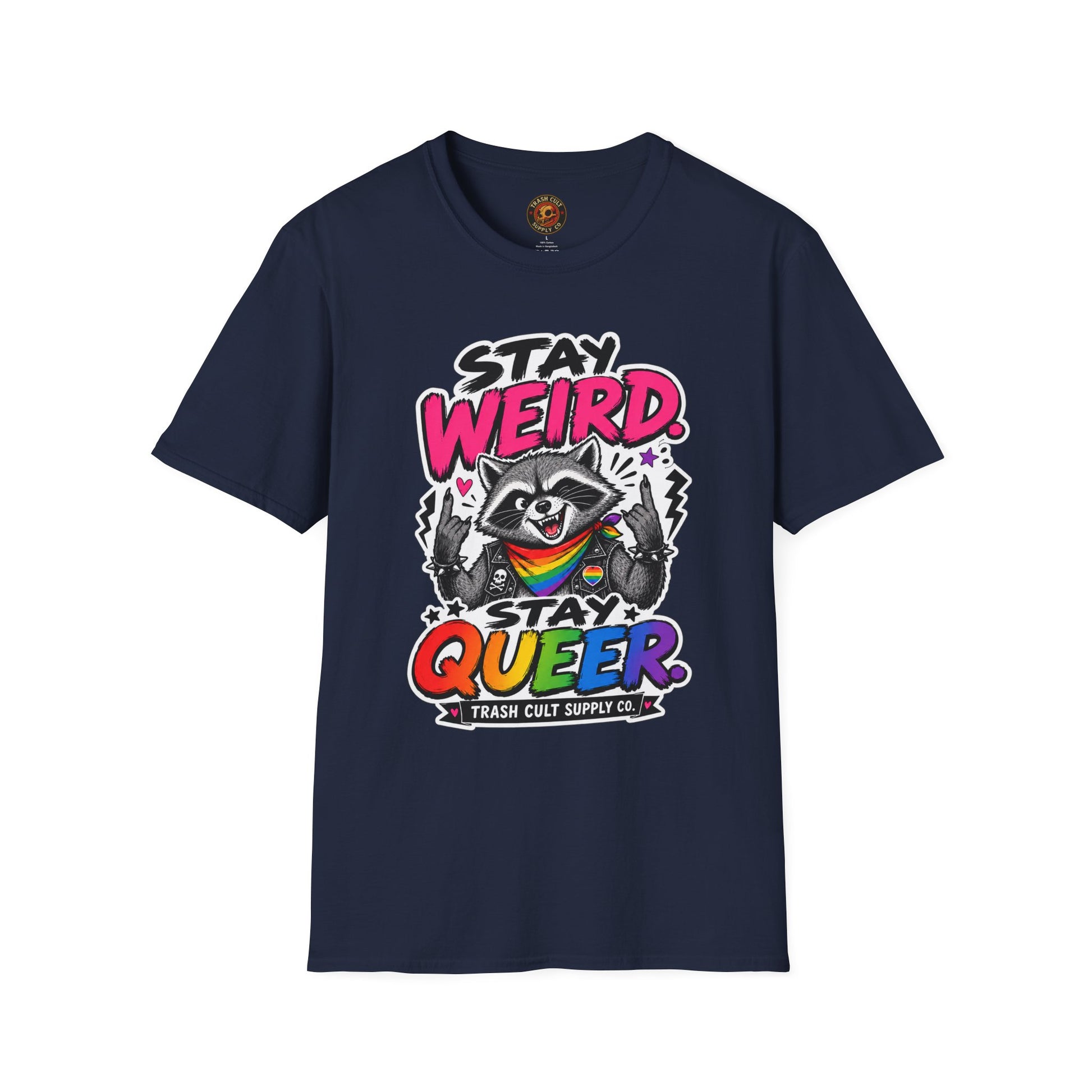 T-Shirt — "Stay Weird" Pride Raccoon Tee (Stay Queer)