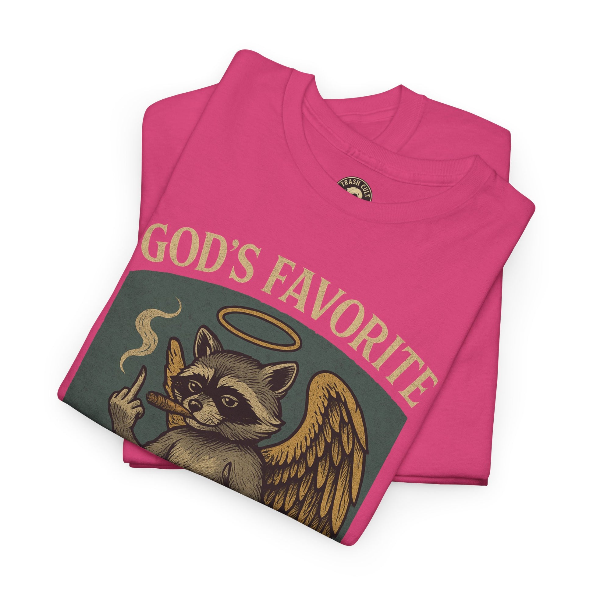 God’s Favorite Mistake Shirt – Raccoon Angel Flipping the Bird by Trash Cult Supply Co.