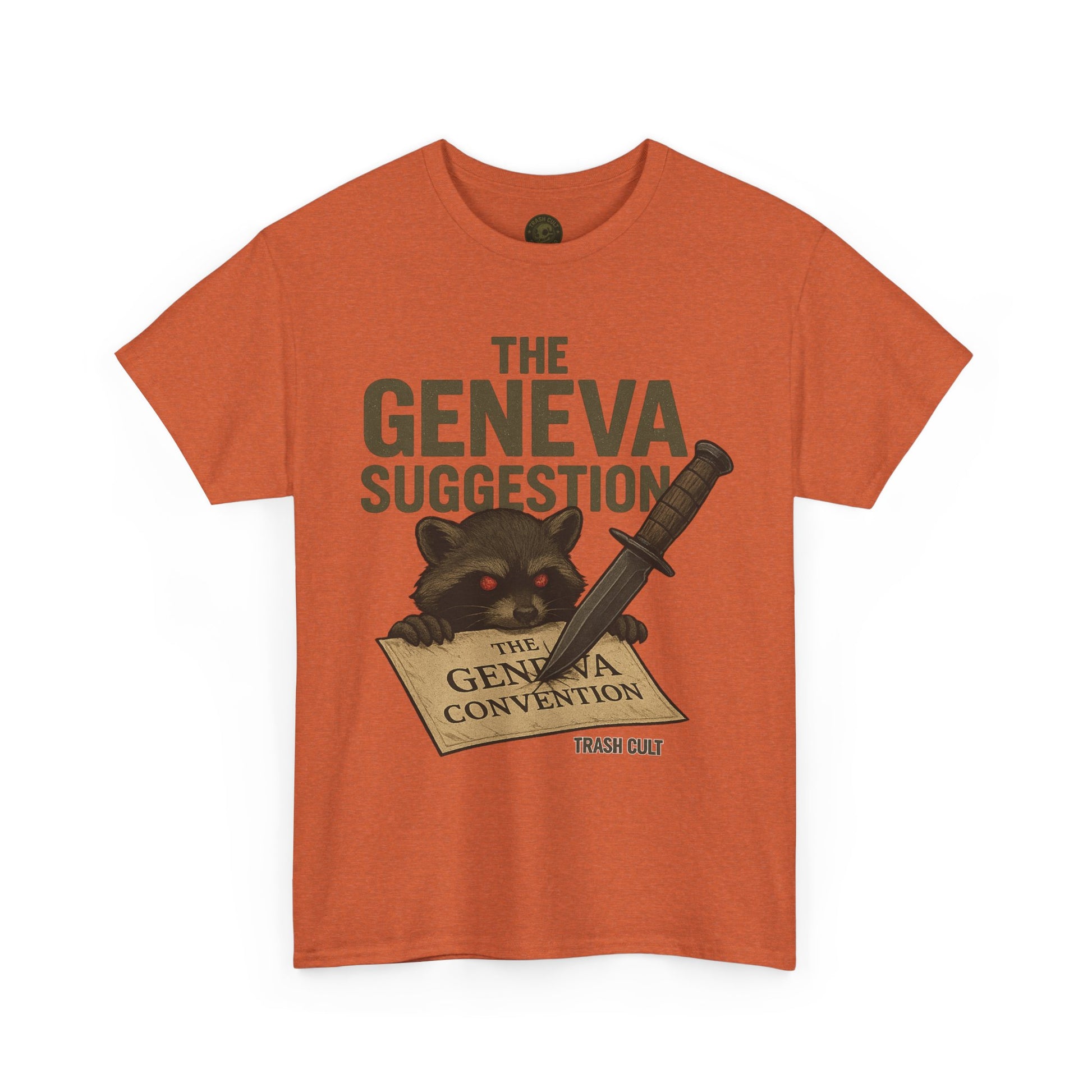 The Geneva Suggestion T-Shirt – Tactical Raccoon Dark Humor Tee | Trash Cult Supply Co. | Gildan 5000