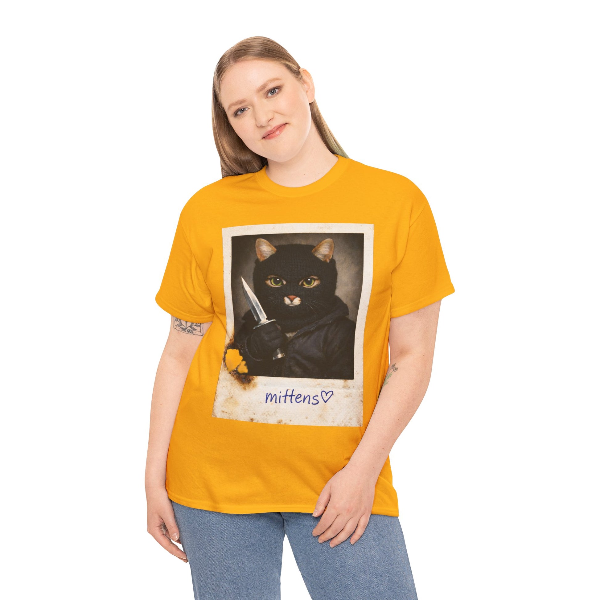 Cat With Knife Tee — "Mittens" Dark Humor Vintage Polaroid Graphic T-Shirt