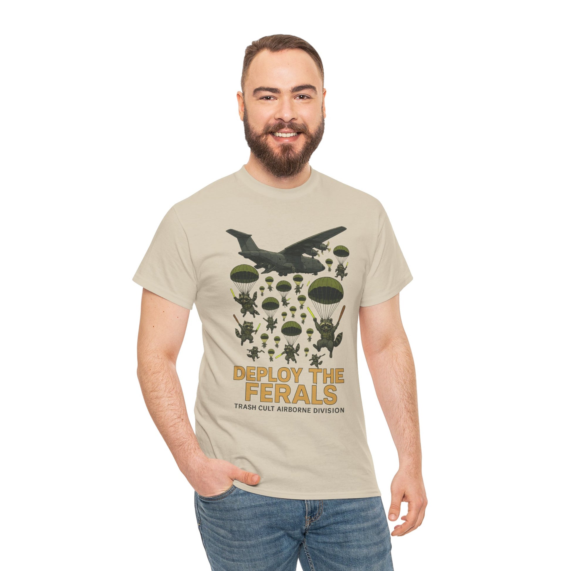Deploy the Ferals T-Shirt – Airborne Raccoon Drop Graphic | Trash Cult Supply Co. | Gildan 5000 Heavy Cotton Tee