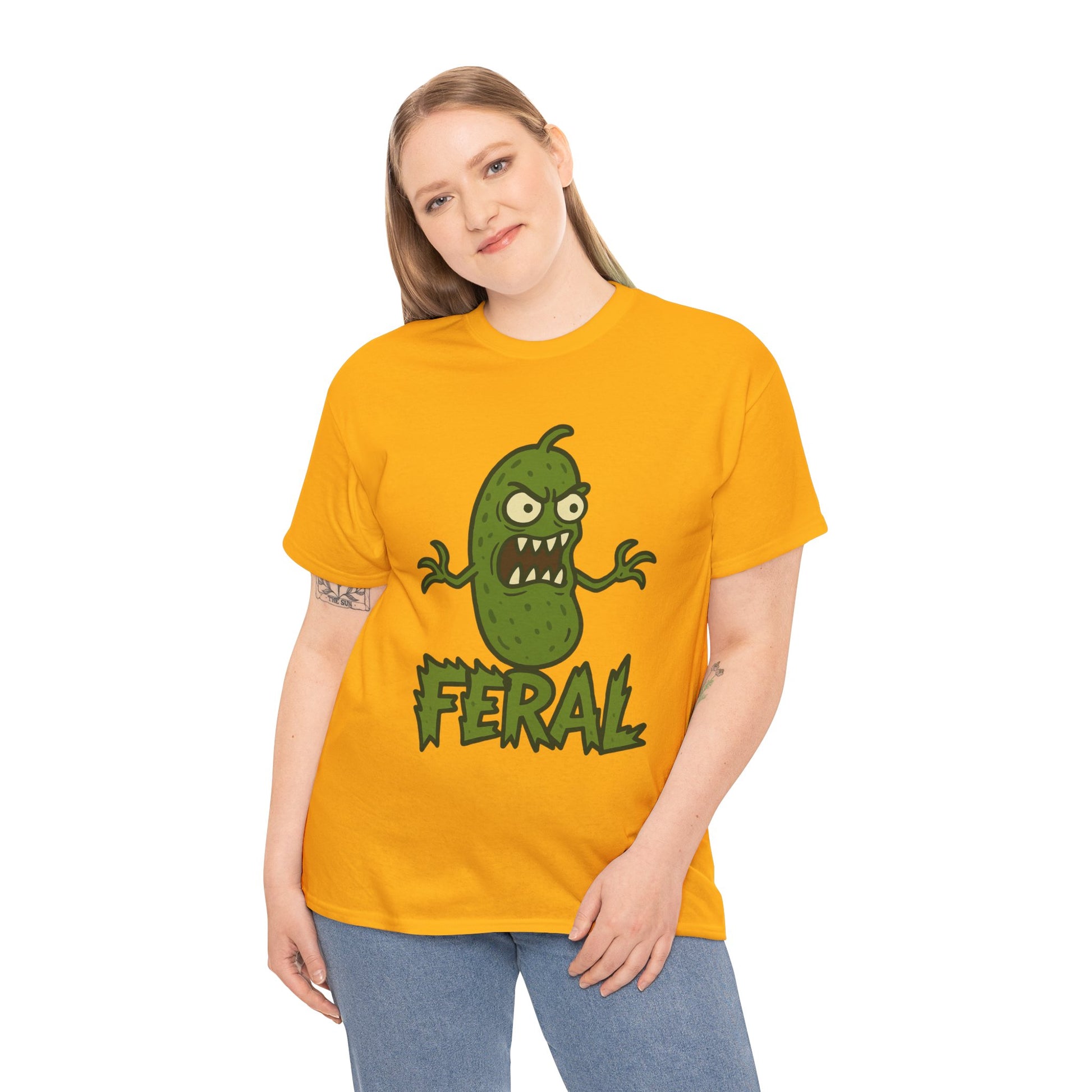 Feral Pickle Cartoon Tee – Trashcore Angry Pickle Shirt – Gildan 5000 Unisex Heavy Cotton