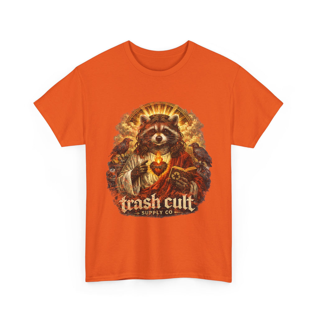 Raccoon Saint Graphic Tee — “Trash Cult” Vintage Devotional Design