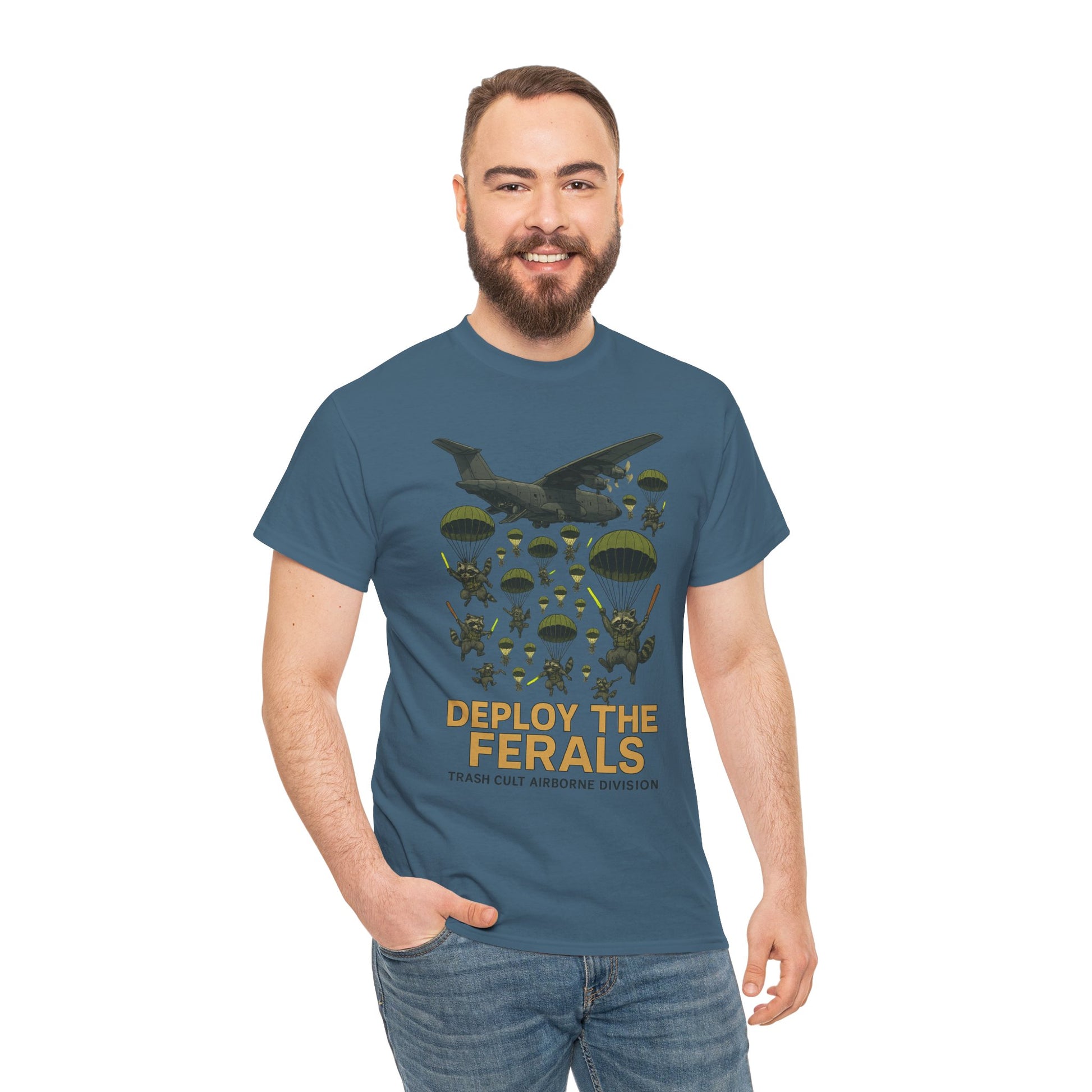 Deploy the Ferals T-Shirt – Airborne Raccoon Drop Graphic | Trash Cult Supply Co. | Gildan 5000 Heavy Cotton Tee