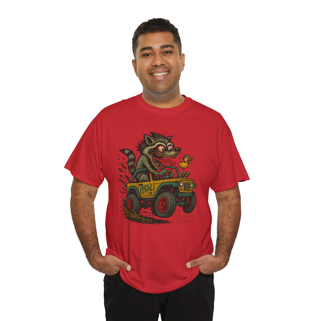 Feral Jeep Raccoon Shirt – Ed Roth Style Off-Road Chaos | Trash Cult Supply Co | Gildan 5000 Tee