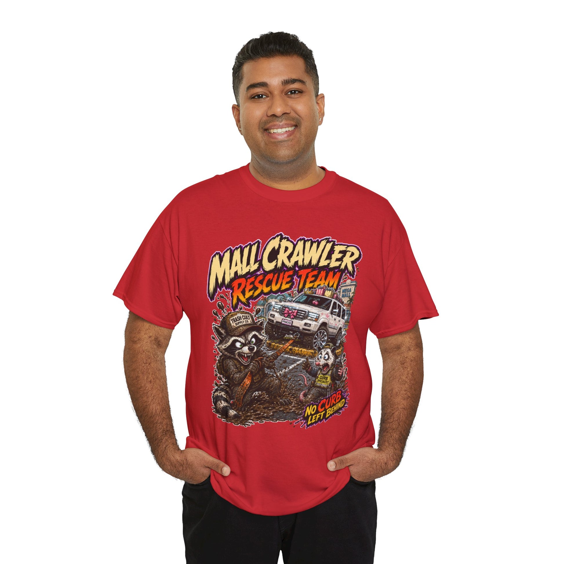 Mall Crawler Rescue Team T‑Shirt — Vintage Raccoon Rescue Graphic Tee (“No Curb Left Behind”)