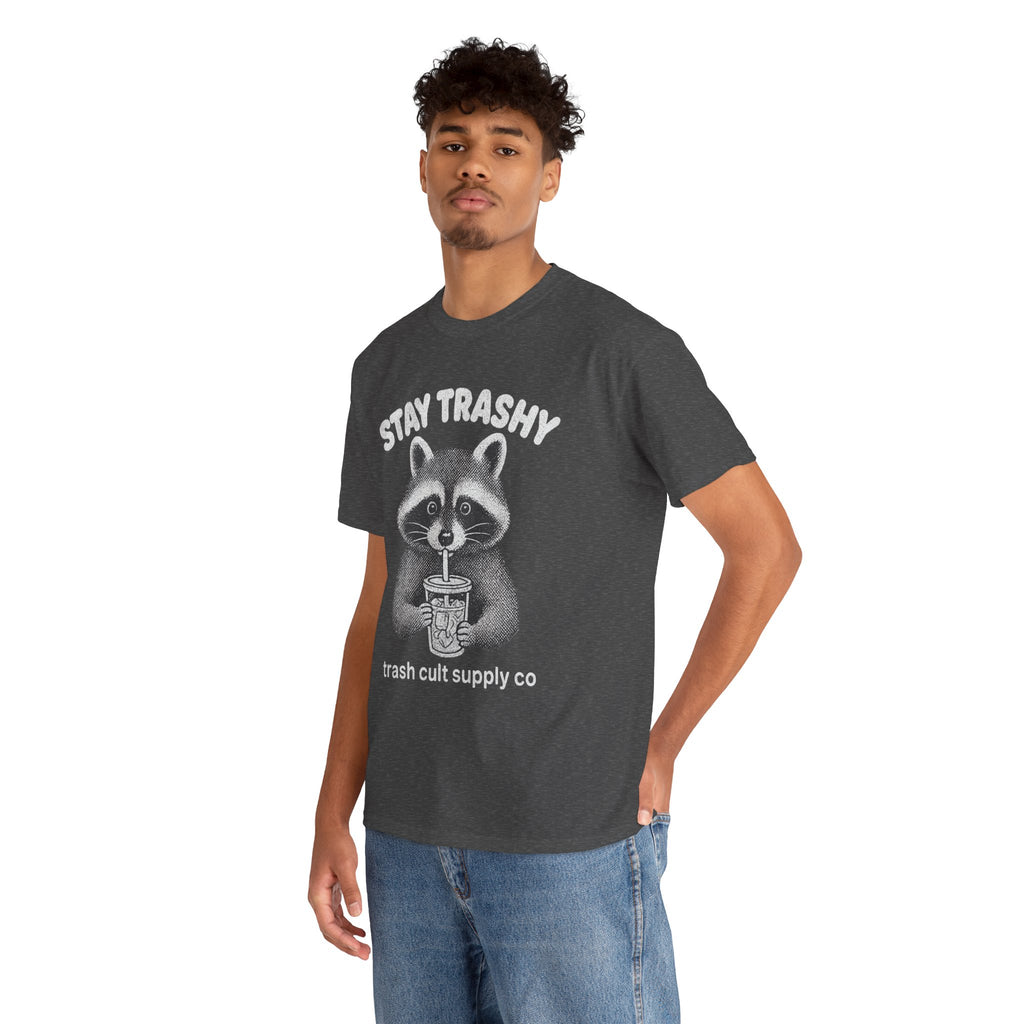 Stay Trashy Raccoon Iced Coffee Shirt – Halftone All White Design | Trash Cult Supply Co.