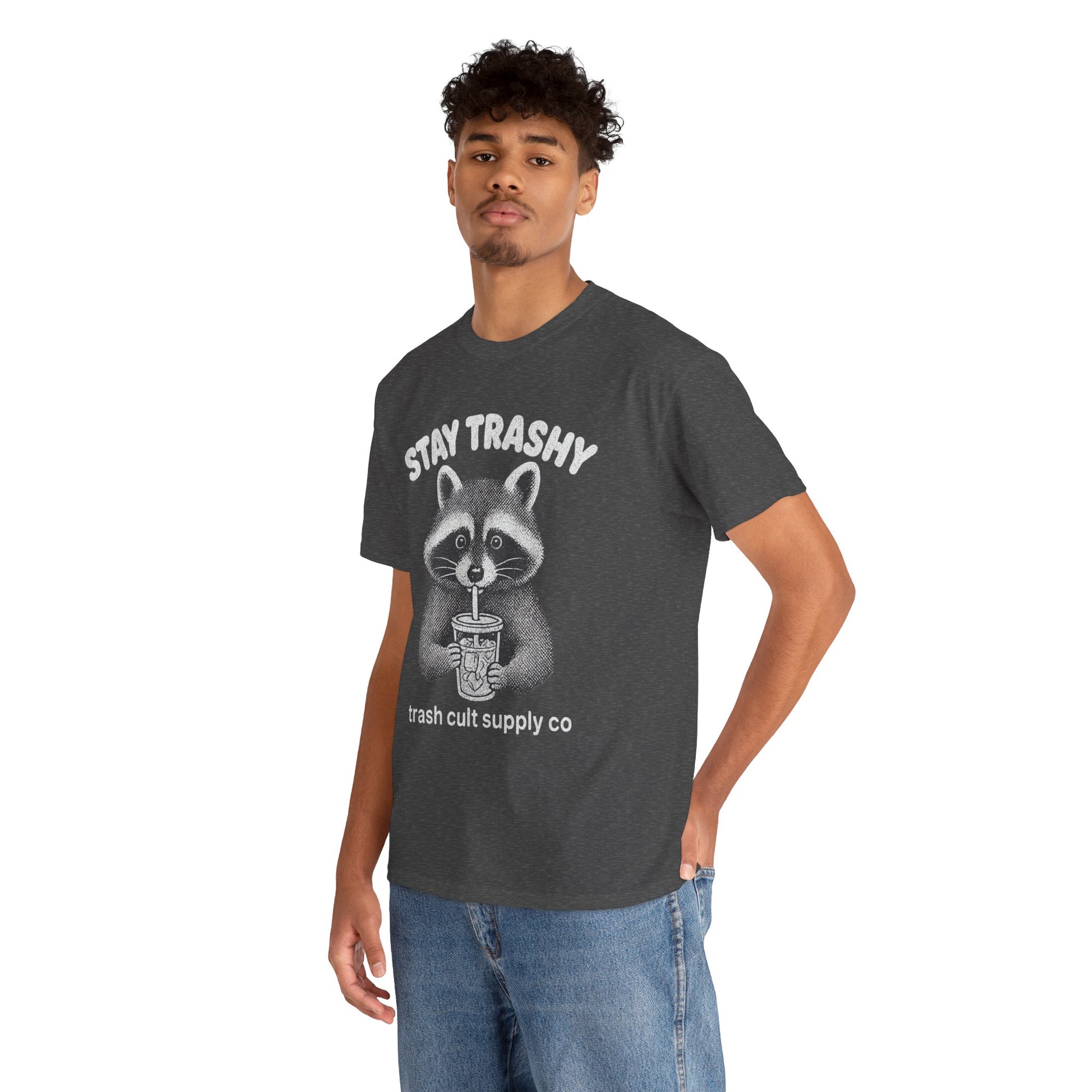 Stay Trashy Raccoon Iced Coffee Shirt – Halftone All White Design | Trash Cult Supply Co.