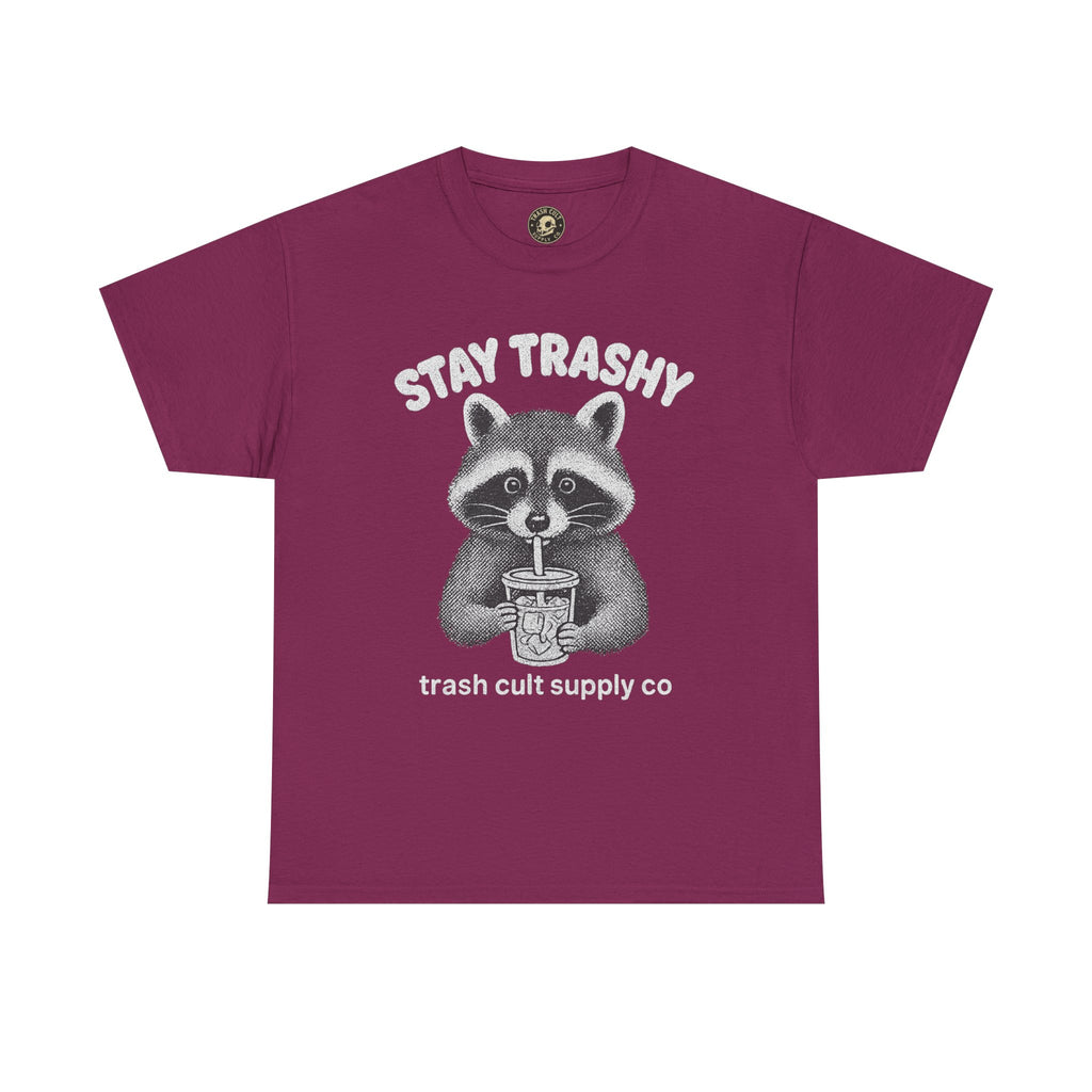 Stay Trashy Raccoon Iced Coffee Shirt – Halftone All White Design | Trash Cult Supply Co.