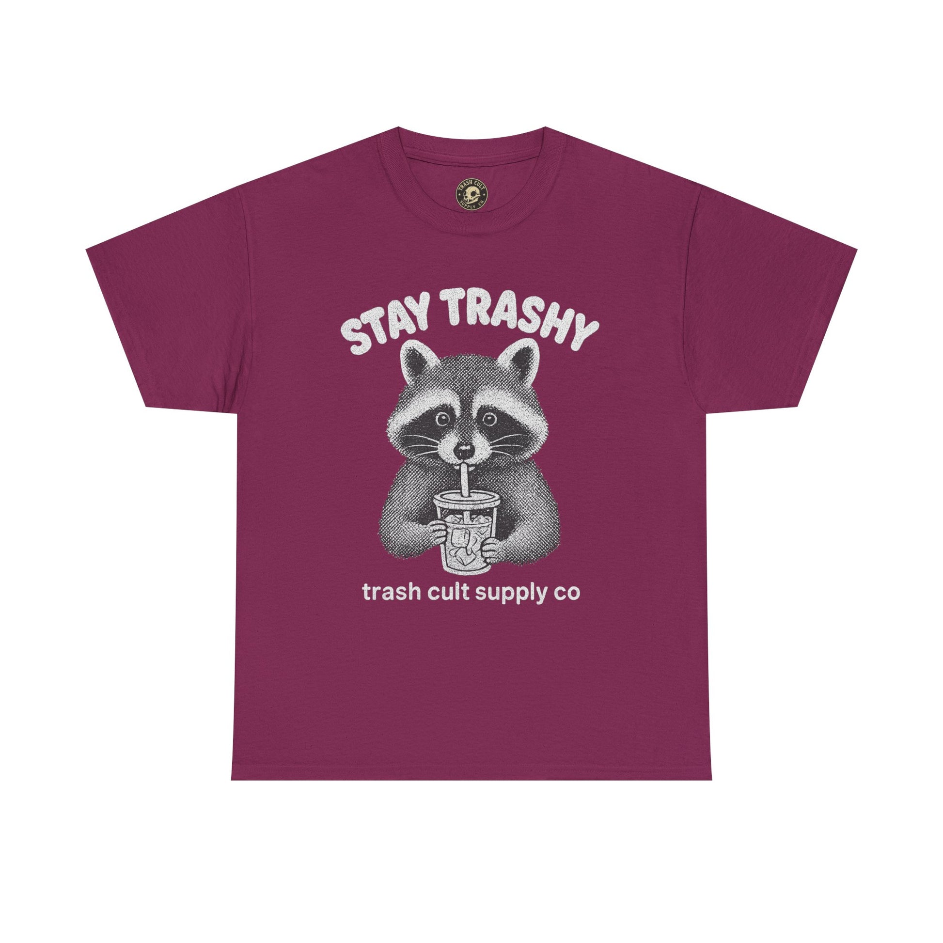 Stay Trashy Raccoon Iced Coffee Shirt – Halftone All White Design | Trash Cult Supply Co.