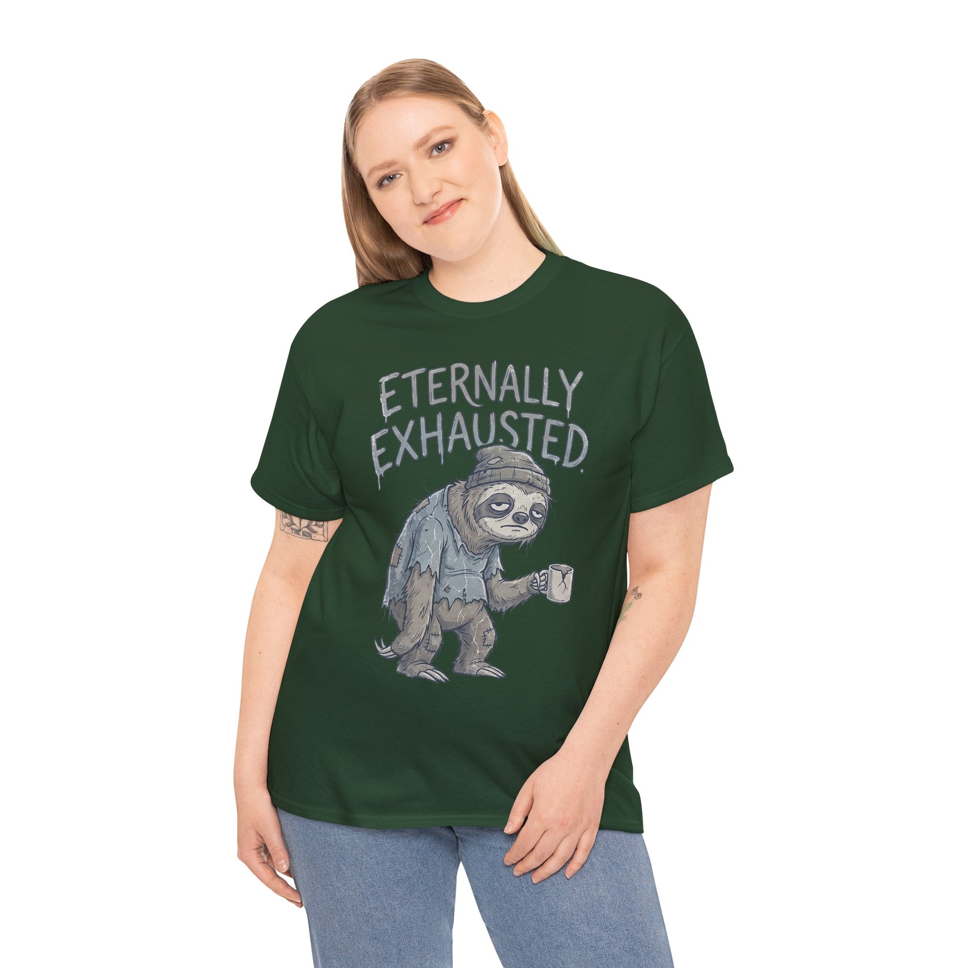 T-Shirt — 'Eternally Exhausted' Sloth Graphic Tee (Funny Coffee Lover Gift)