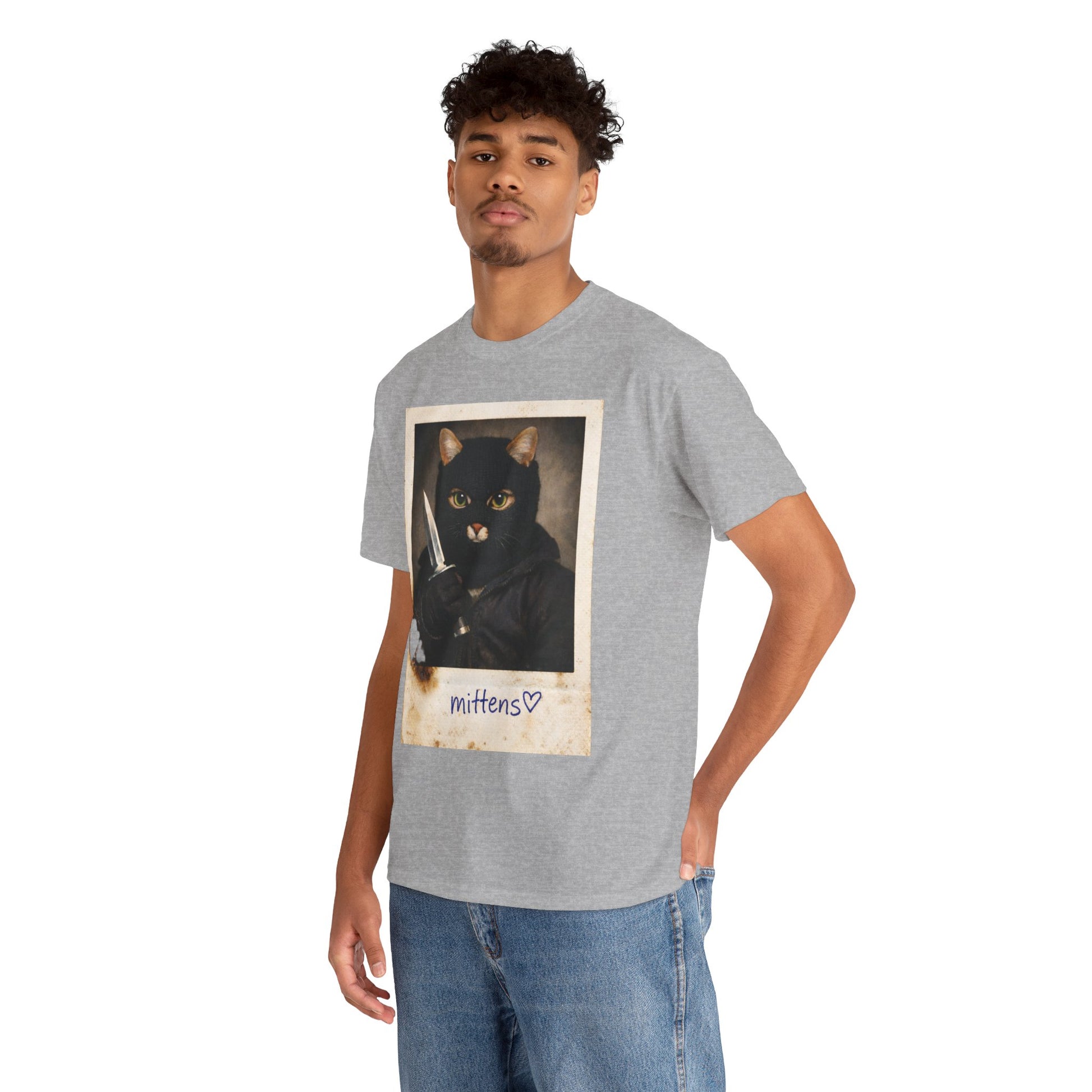 Cat With Knife Tee — "Mittens" Dark Humor Vintage Polaroid Graphic T-Shirt