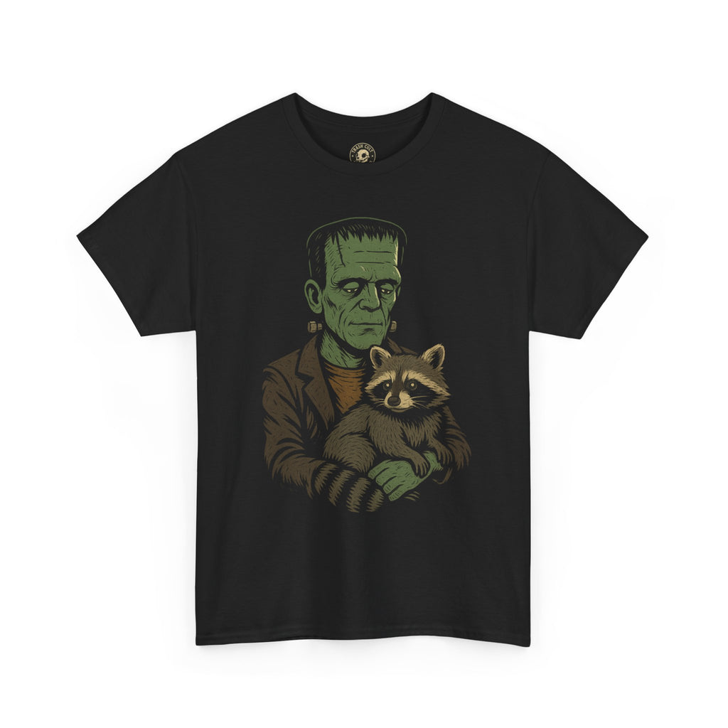 Frankenstein with Pet Raccoon T-Shirt – Funny Monster Graphic Tee