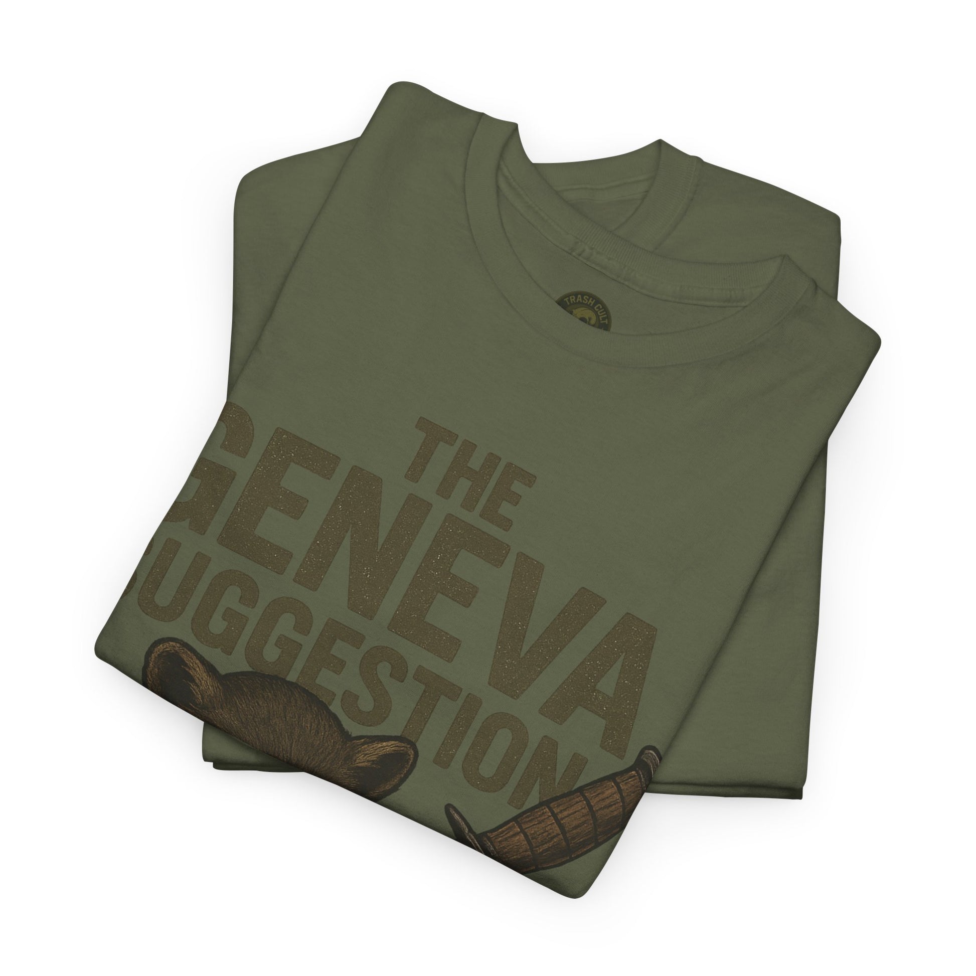 The Geneva Suggestion T-Shirt – Tactical Raccoon Dark Humor Tee | Trash Cult Supply Co. | Gildan 5000