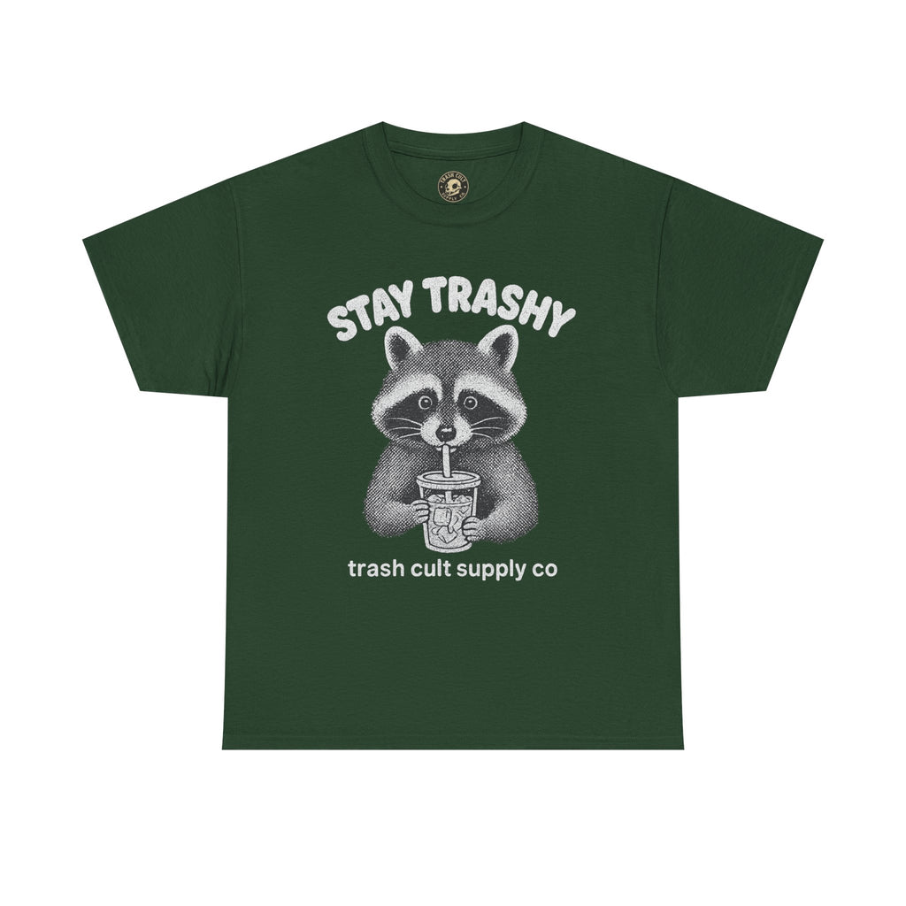 Stay Trashy Raccoon Iced Coffee Shirt – Halftone All White Design | Trash Cult Supply Co.