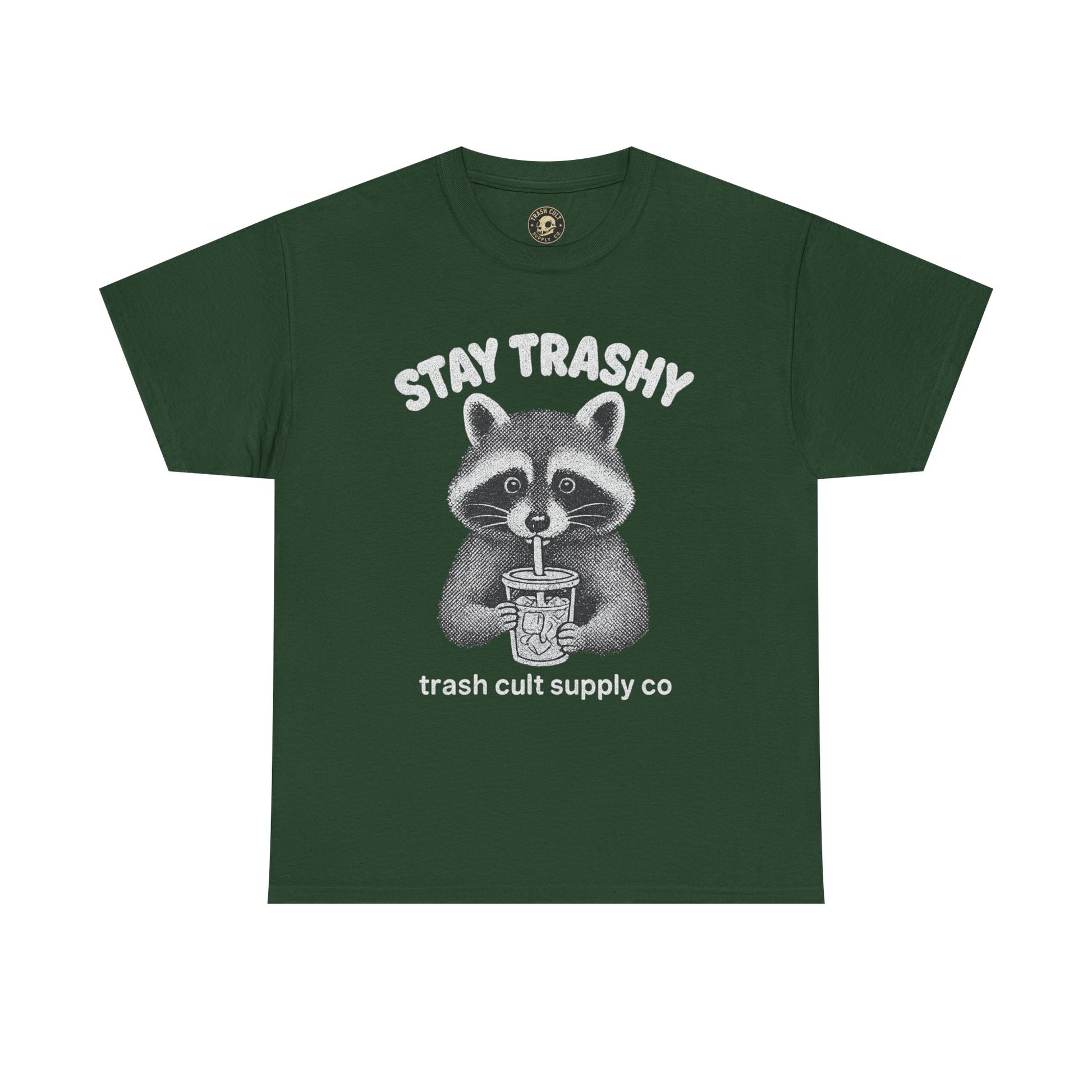 Stay Trashy Raccoon Iced Coffee Shirt – Halftone All White Design | Trash Cult Supply Co.