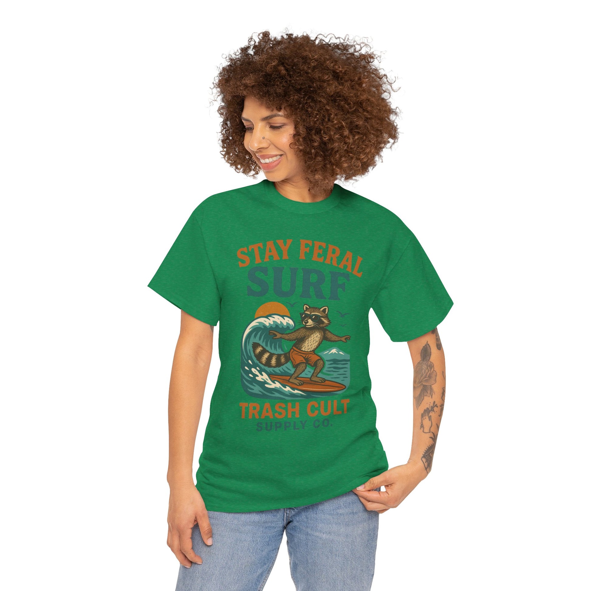 Stay Feral Surf Shirt – Retro Raccoon Beach Tee – Trash Cult Supply Co – Gildan 5000