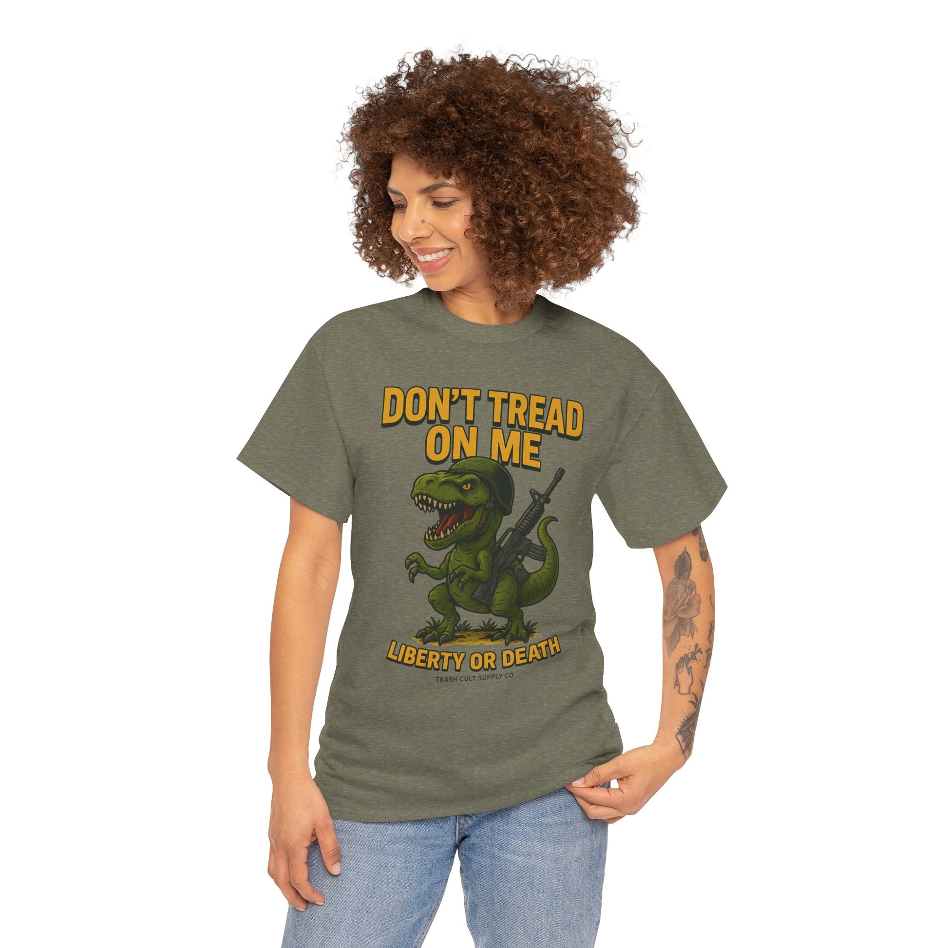 Don’t Tread On Me T-Rex T-Shirt – Liberty or Death Graphic | Trash Cult Supply Co. | Gildan 5000 Heavy Cotton