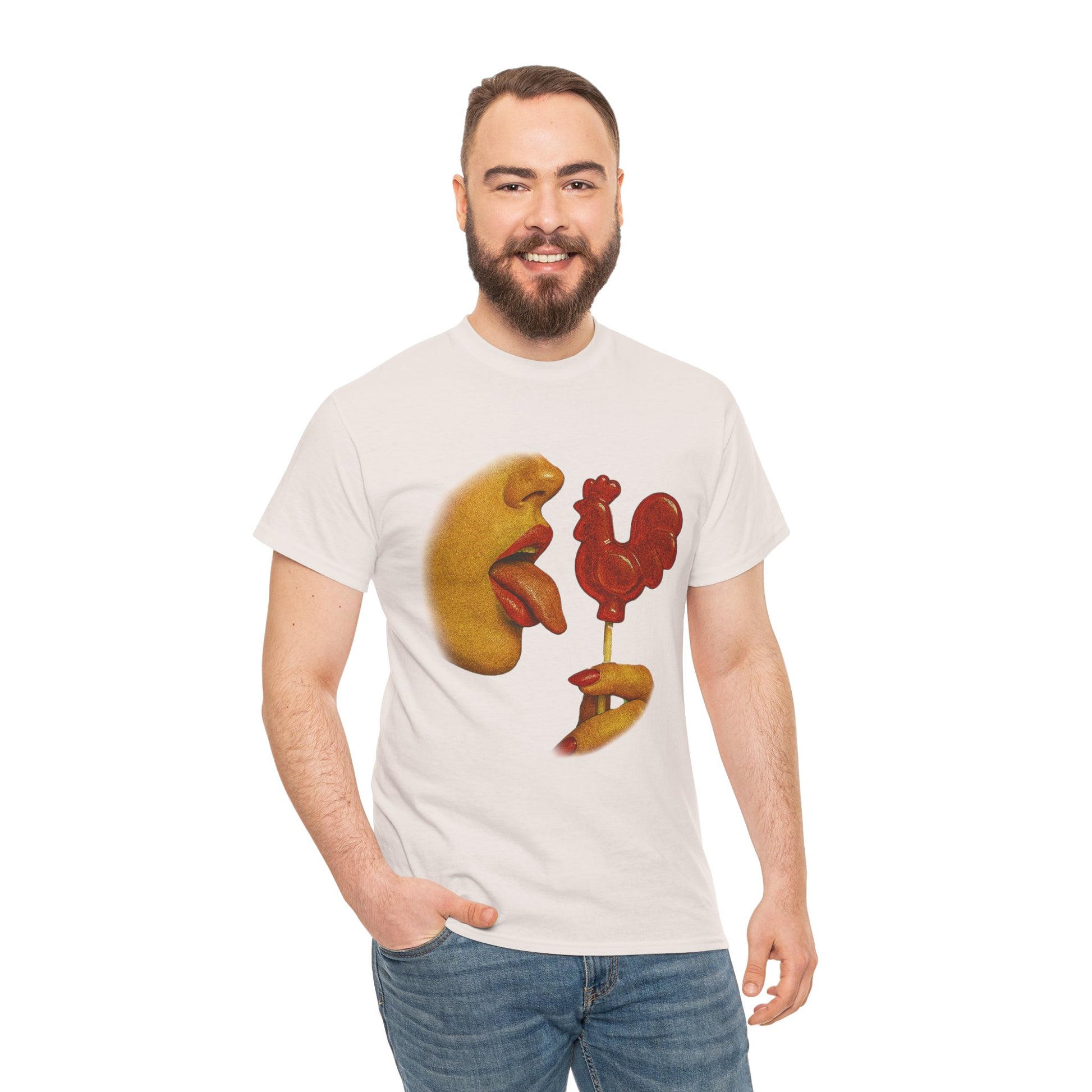 Bold Retro Halftone Tease – Red Rooster Lollipop Graphic Tee
