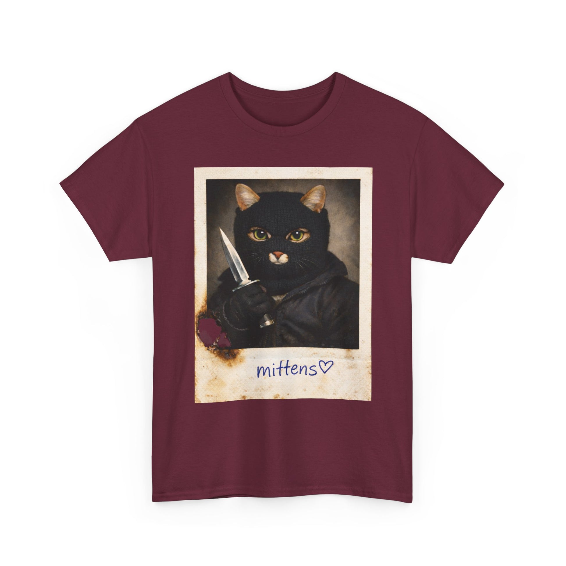 Cat With Knife Tee — "Mittens" Dark Humor Vintage Polaroid Graphic T-Shirt