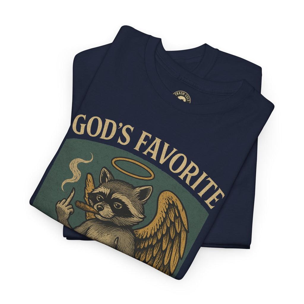 God’s Favorite Mistake Shirt – Raccoon Angel Flipping the Bird by Trash Cult Supply Co.