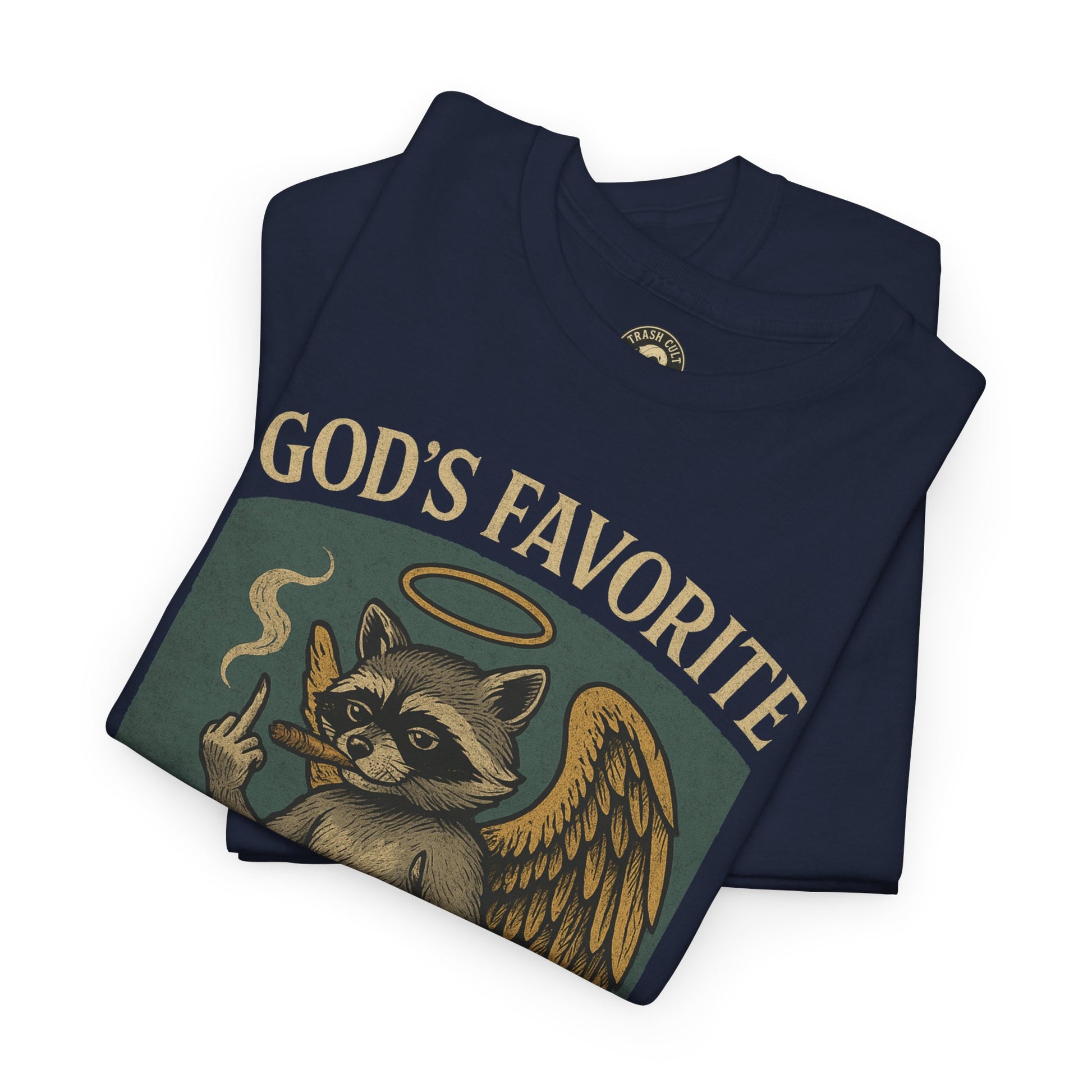God’s Favorite Mistake Shirt – Raccoon Angel Flipping the Bird by Trash Cult Supply Co.