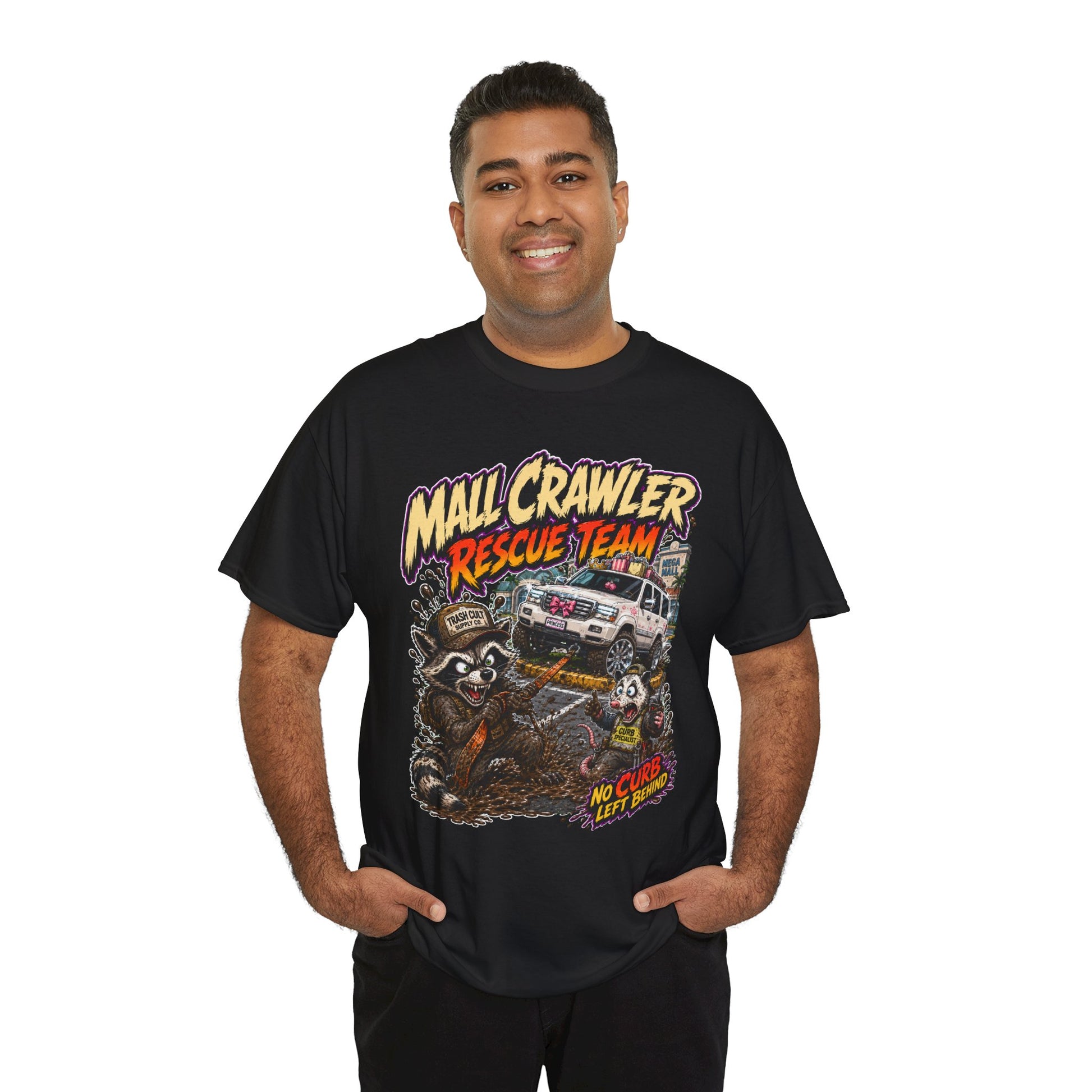 Mall Crawler Rescue Team T‑Shirt — Vintage Raccoon Rescue Graphic Tee (“No Curb Left Behind”)