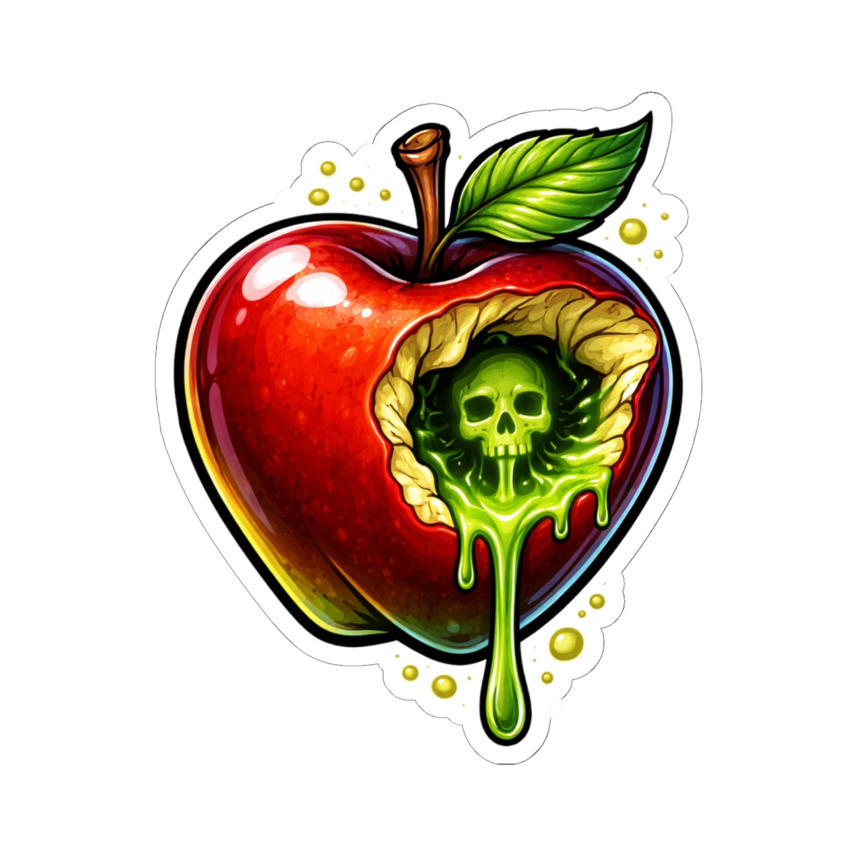 Poisoned Apple Kiss-Cut Sticker — Skull & Dripping Green Goo Design