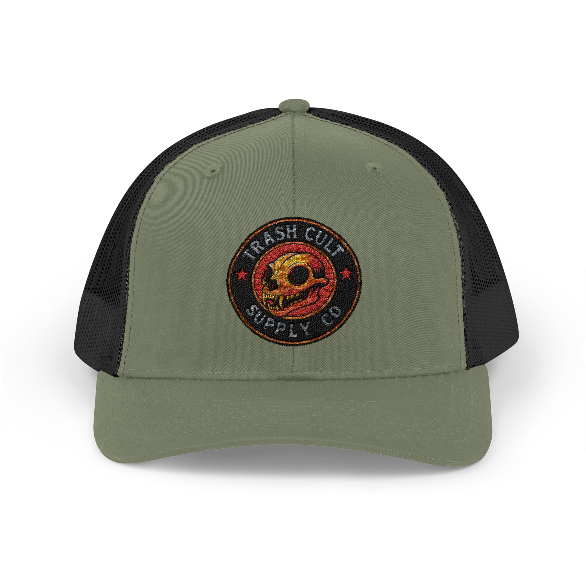 Green and black trucker cap with a logo on a white background