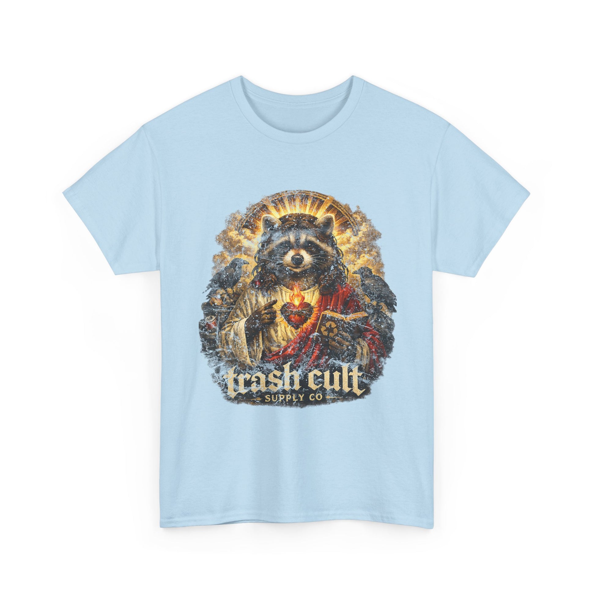 Raccoon Saint Graphic Tee — “Trash Cult” Vintage Devotional Design