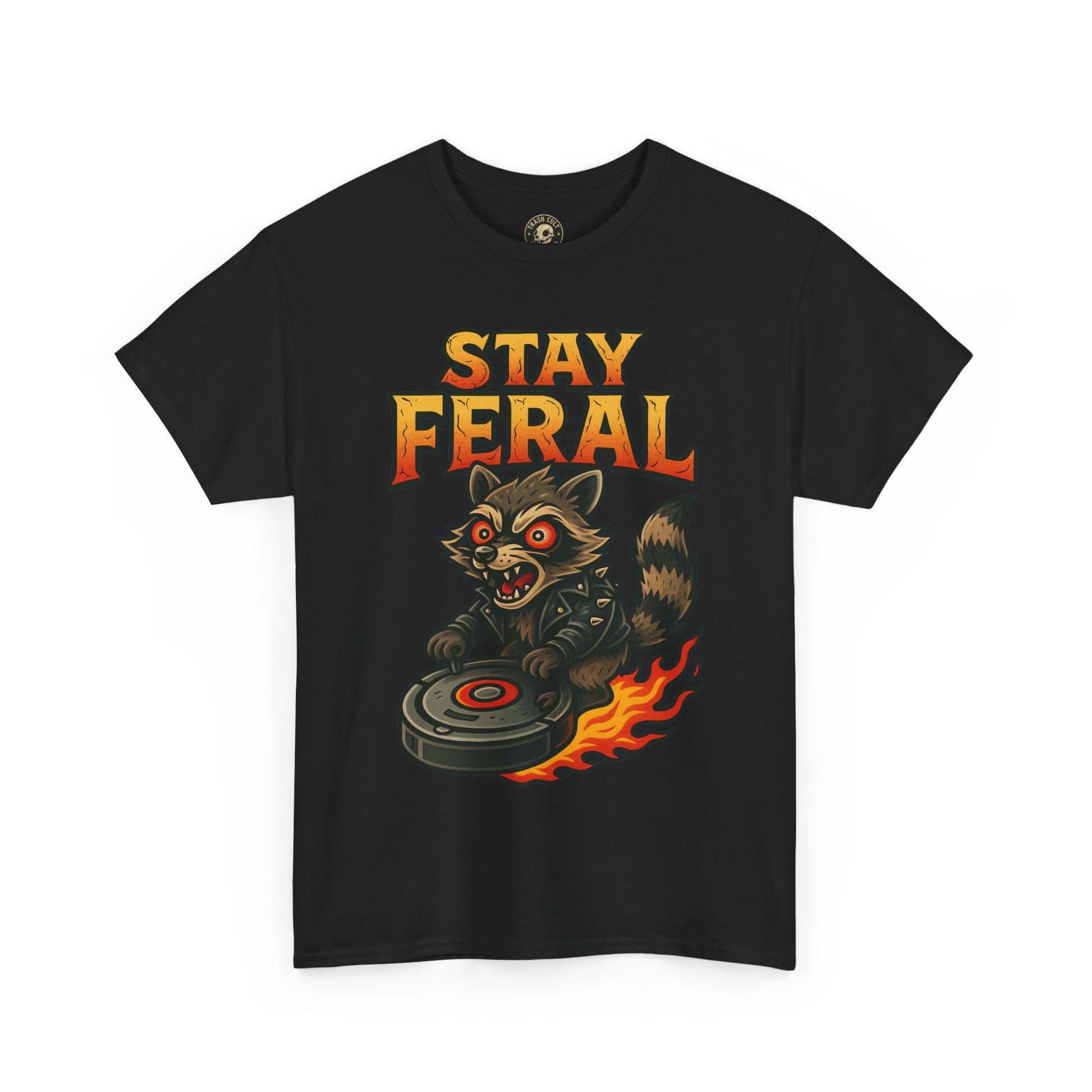 Stay Feral Roomba Raccoon T-Shirt – Bold New School Tattoo Style | Trash Cult Supply Co