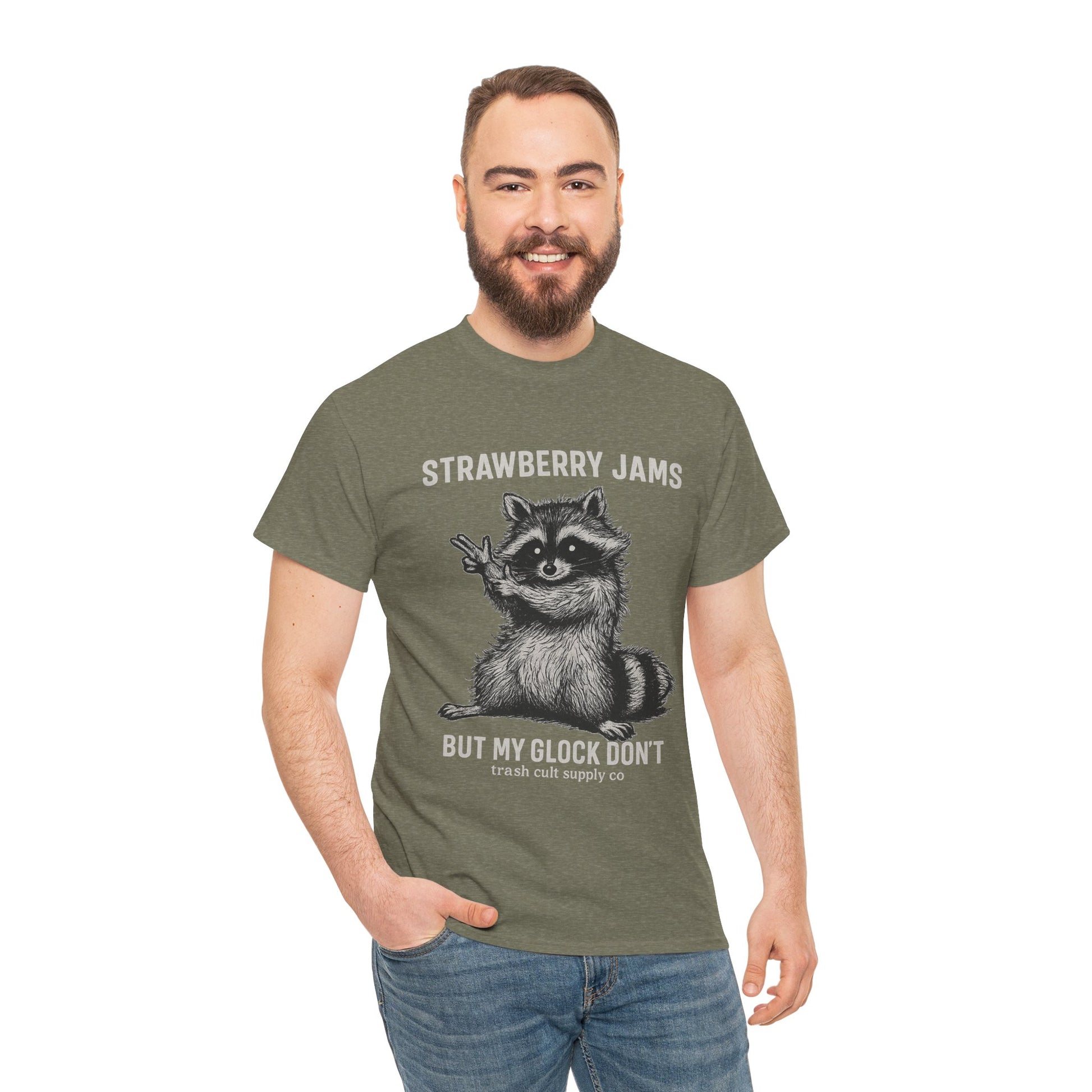 Strawberry Jams But My Glock Don’t Raccoon Shirt – Trash Cult Supply Co. Gildan 5000 Tee