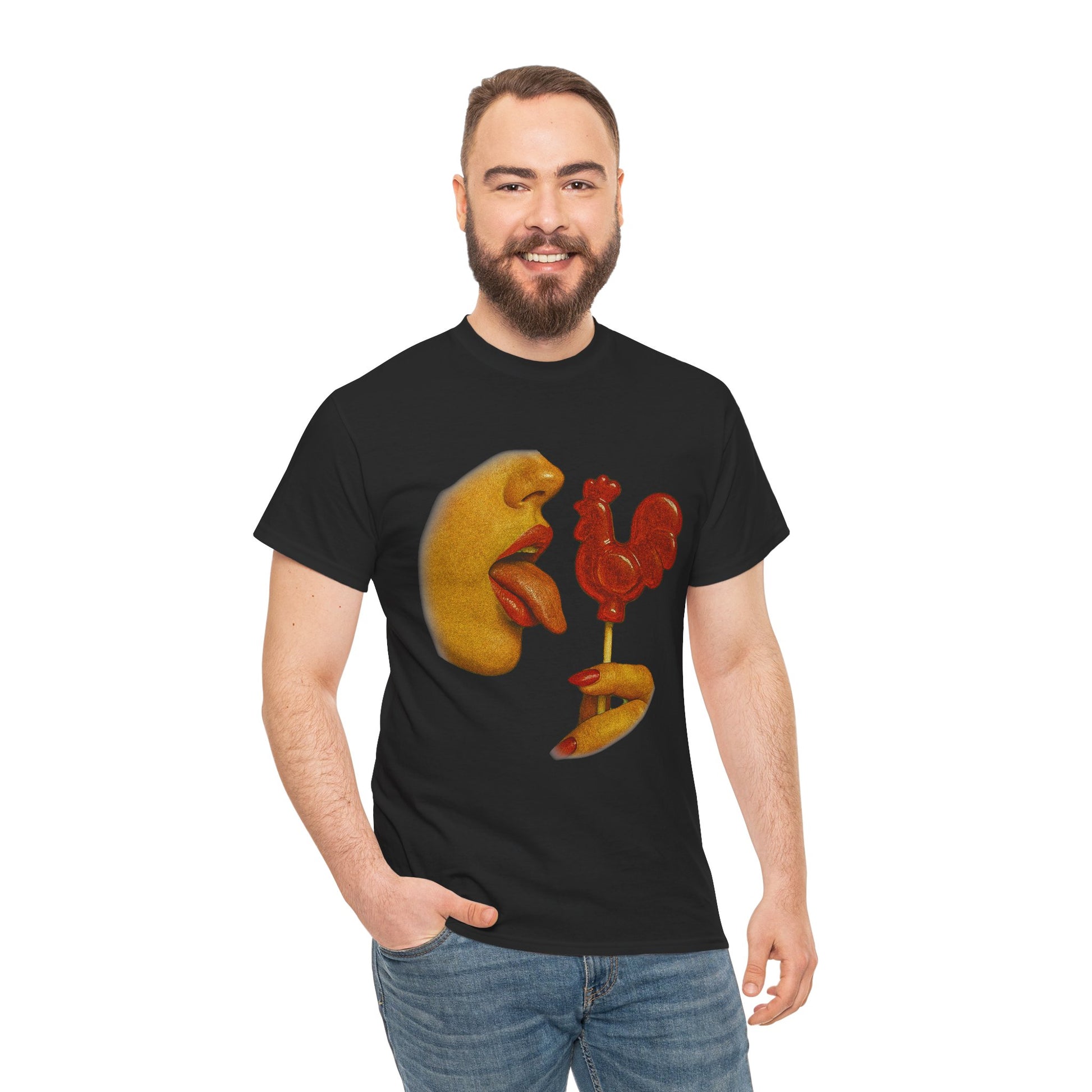 Bold Retro Halftone Tease – Red Rooster Lollipop Graphic Tee