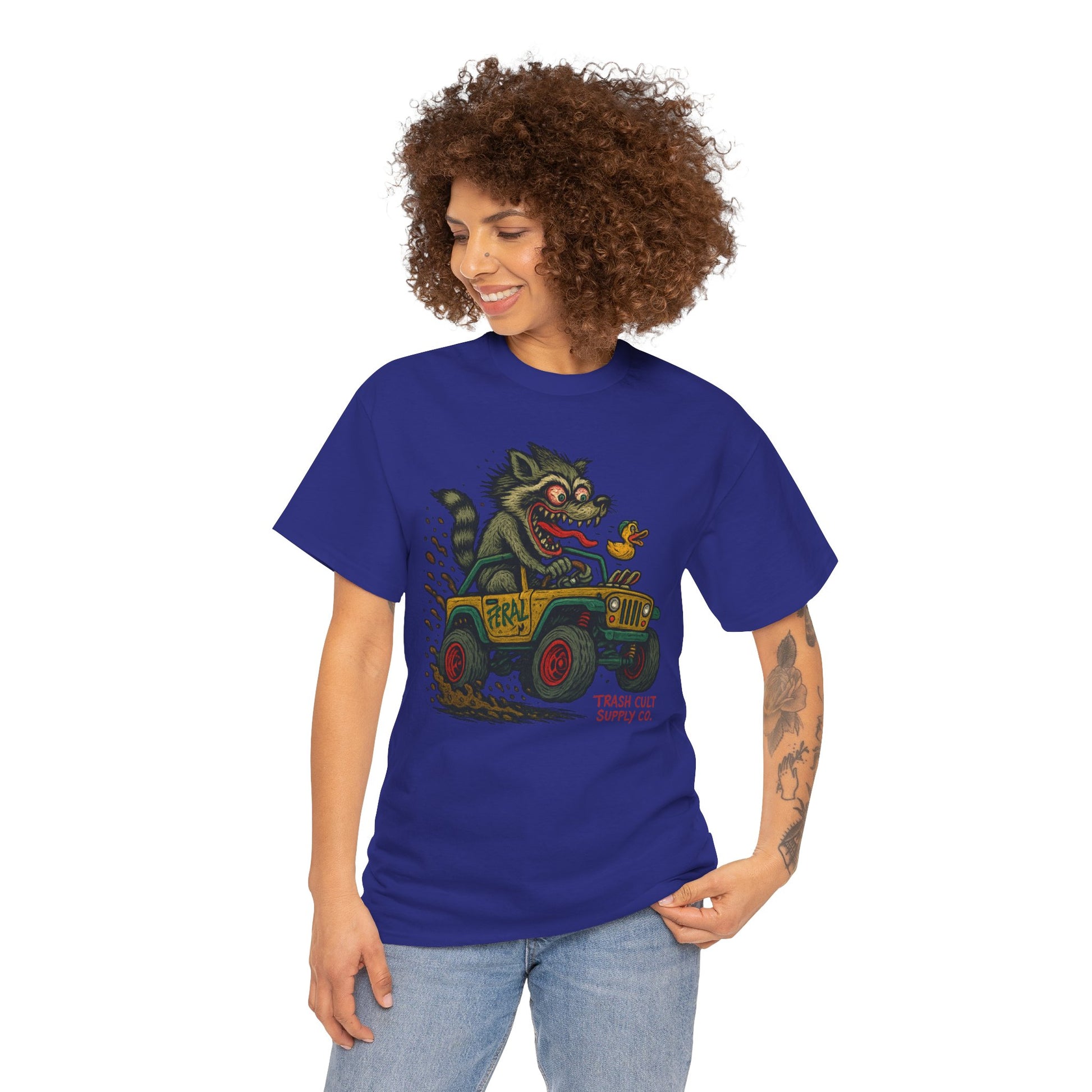Feral Jeep Raccoon Shirt – Ed Roth Style Off-Road Chaos | Trash Cult Supply Co | Gildan 5000 Tee