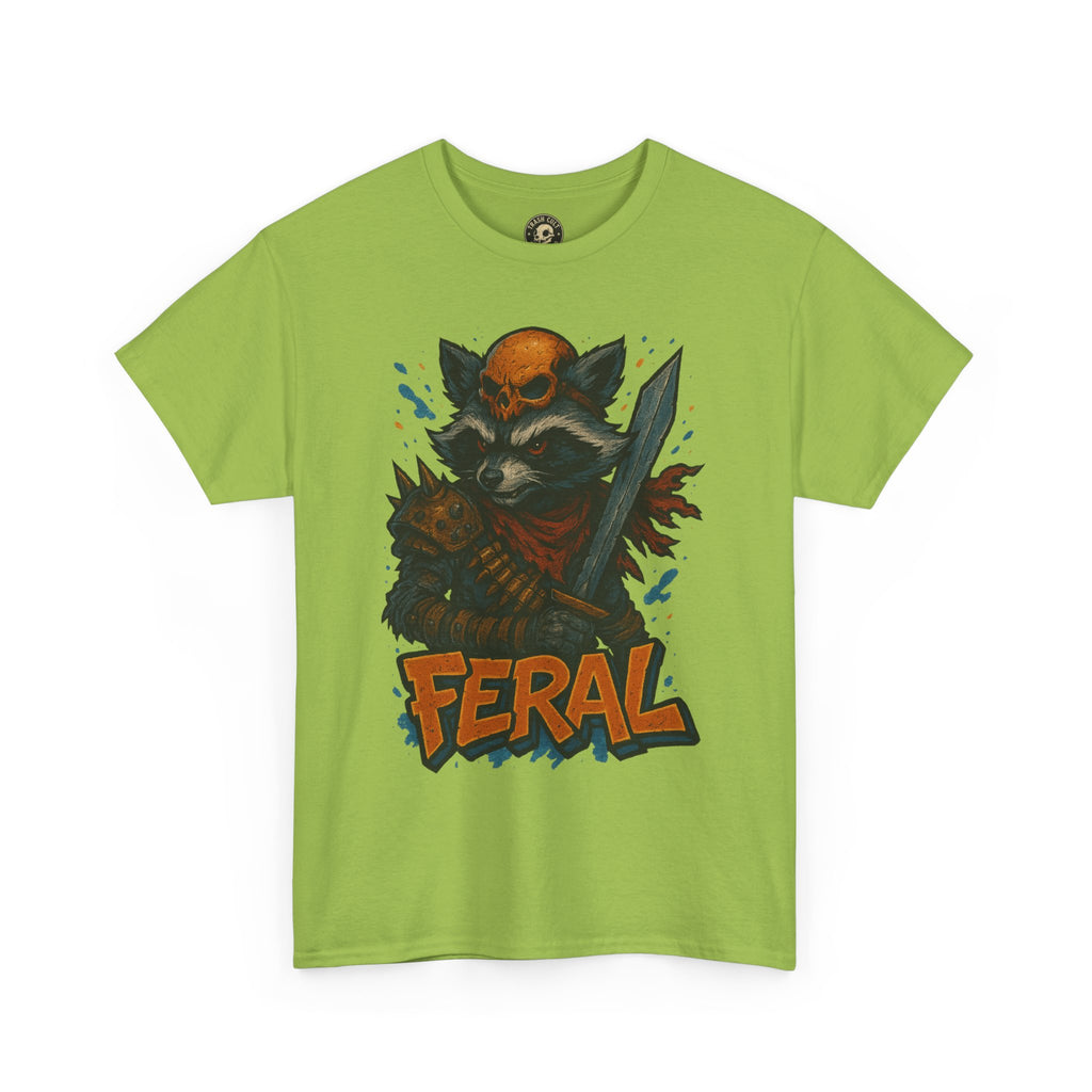 FERAL Raccoon Warlord Shirt – Graffiti Street Art Animal Tee | Bold Post-Apocalyptic Design on Gildan 5000